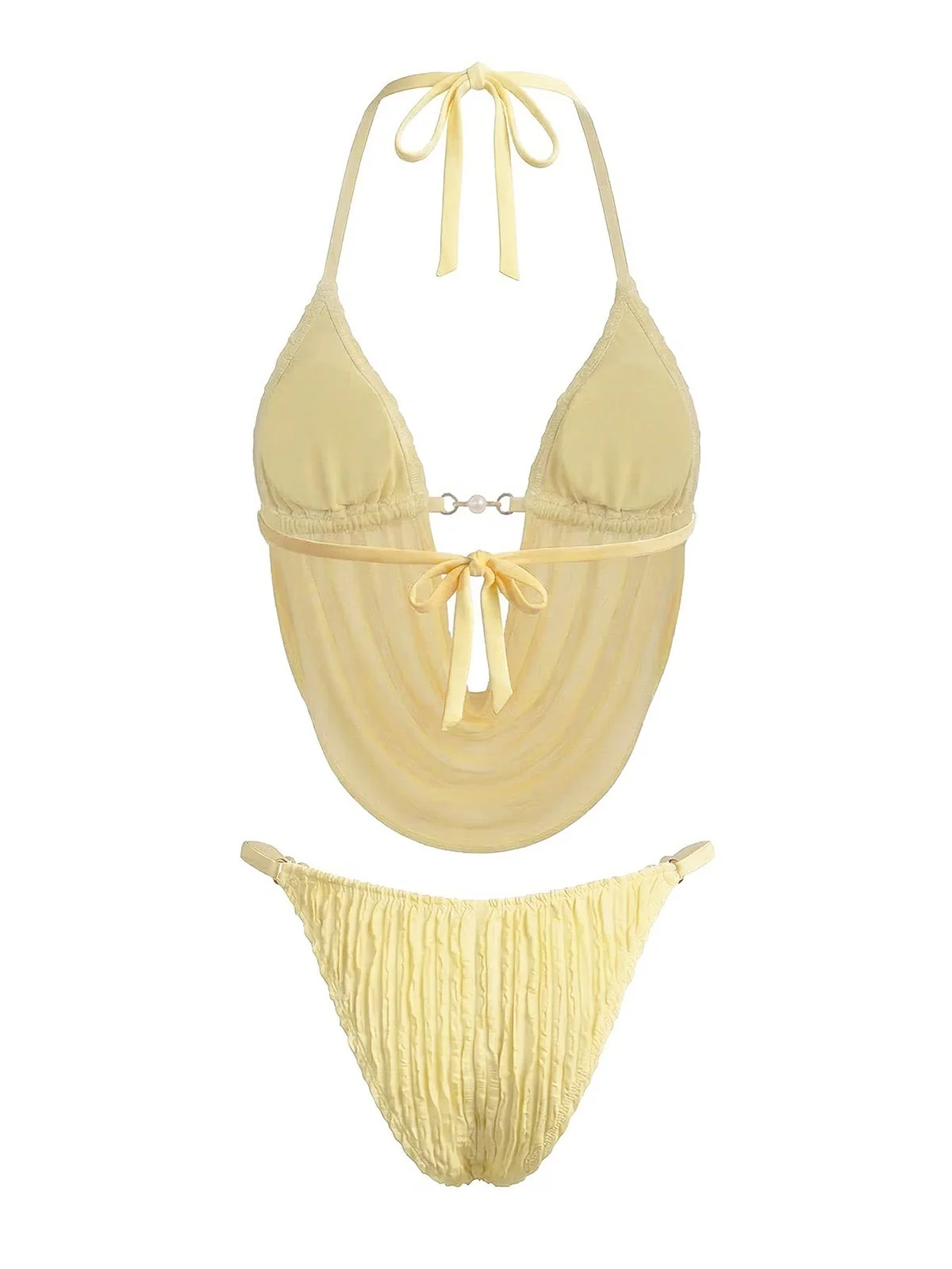 Hellgelb 1980er Transparent Halter Gerafft Bikini Set - Image 4
