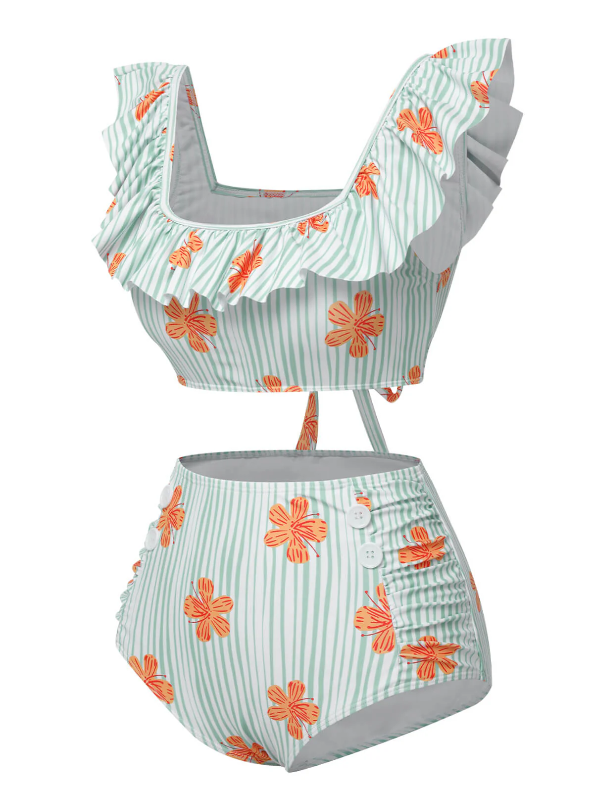 Hellgrün 1950er Blumen Streifen Rüsche Badeanzug - Image 3