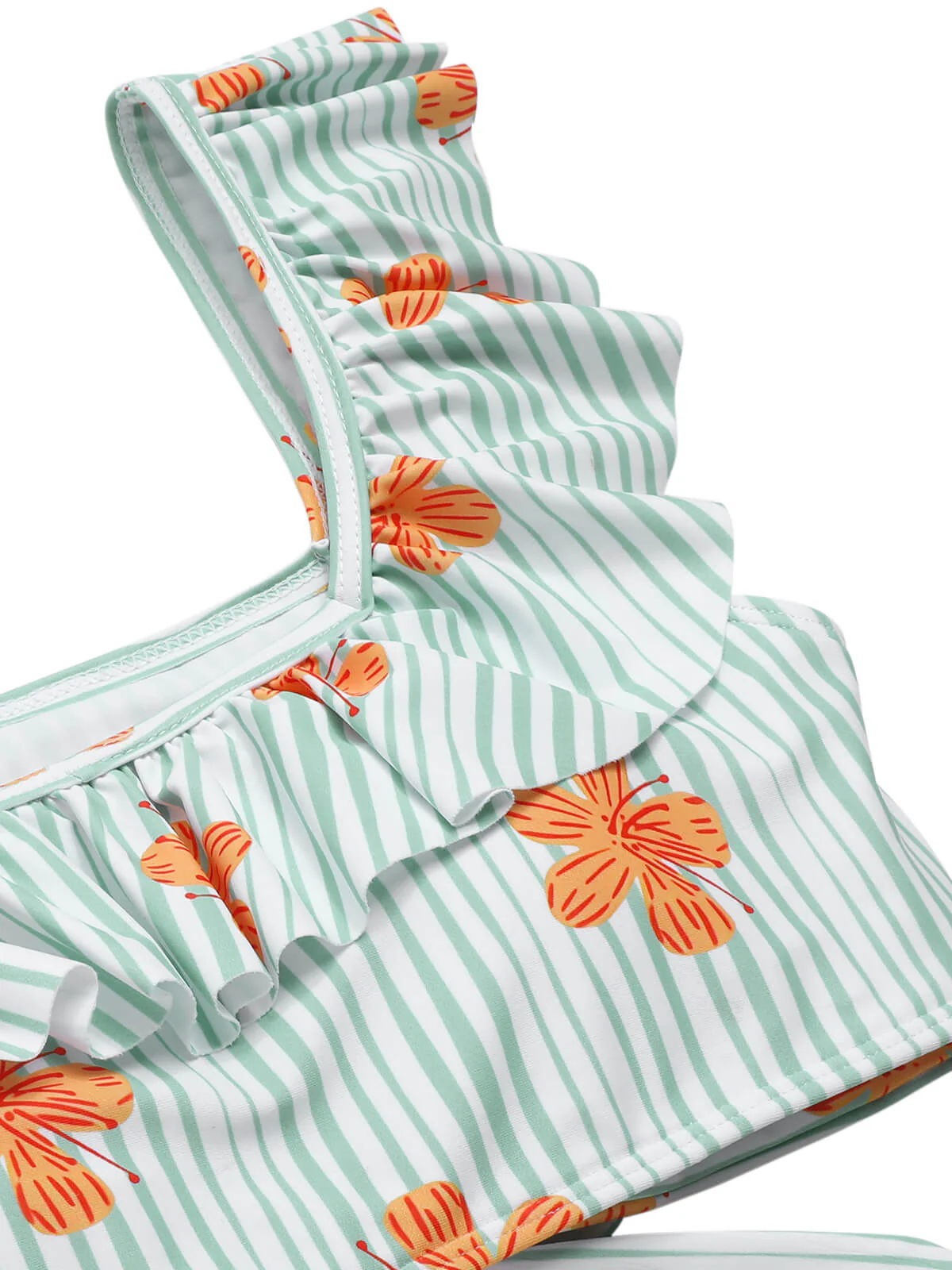 Hellgrün 1950er Blumen Streifen Rüsche Badeanzug - Image 5