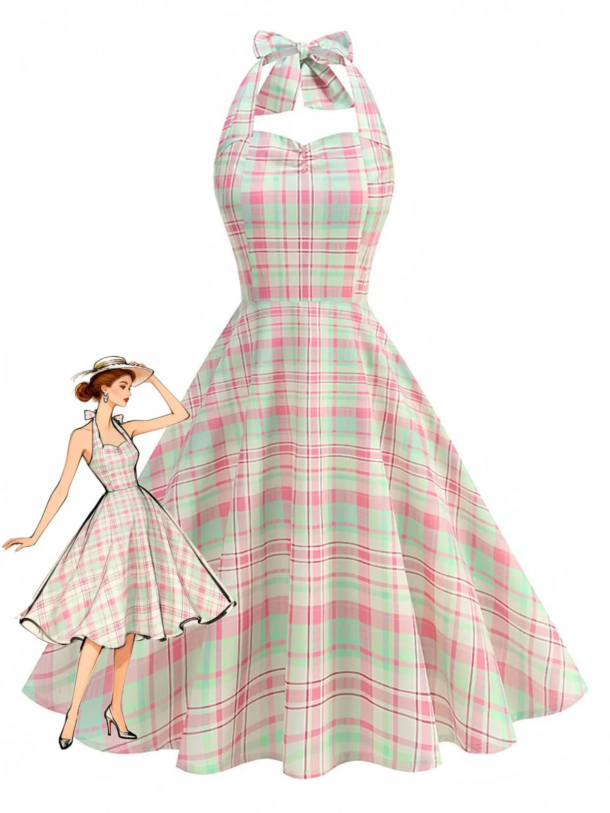 Hellrosa 1950er Kariert Halter Rückenfrei Kleid