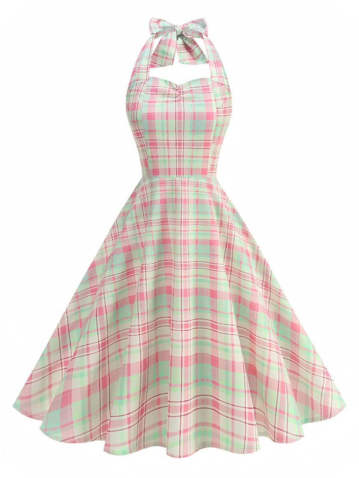 Hellrosa 1950er Kariert Halter Rückenfrei Kleid - Image 2