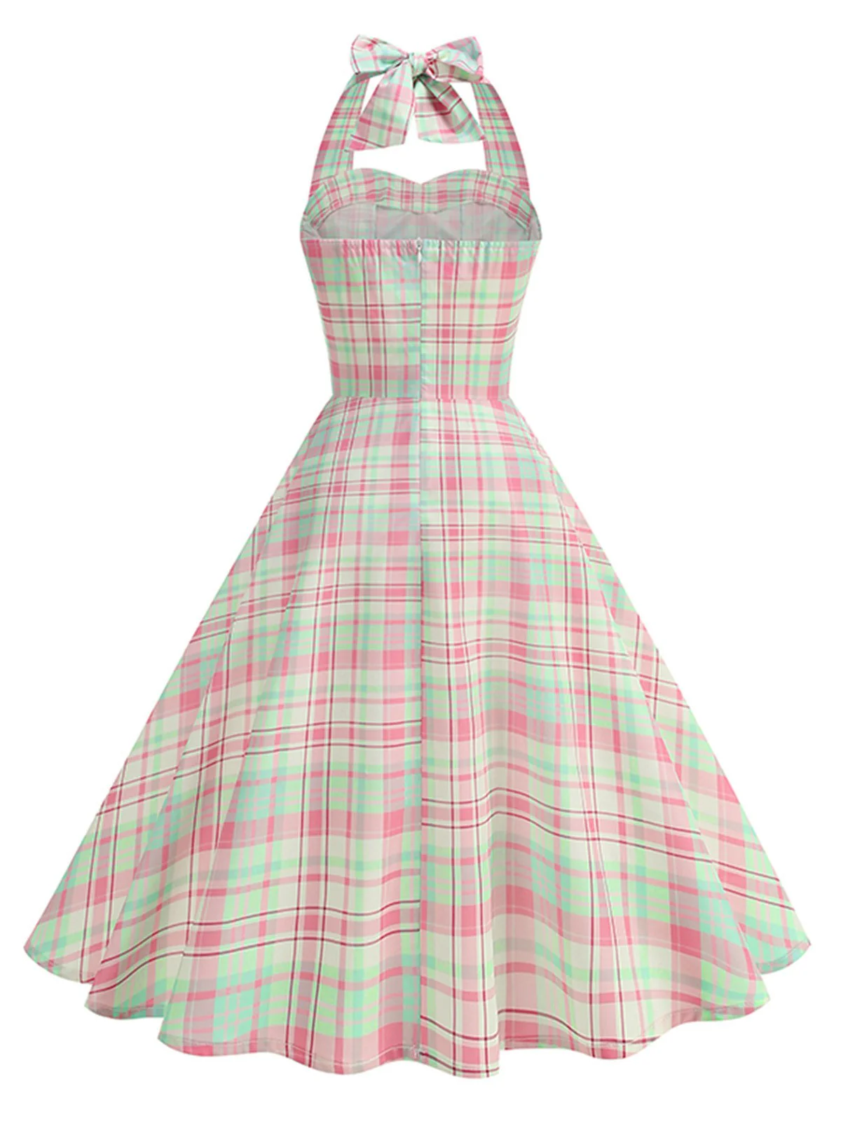 Hellrosa 1950er Kariert Halter Rückenfrei Kleid - Image 3