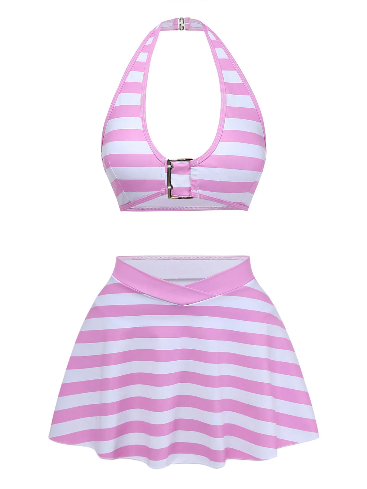 [Vorverkauf] Hellrosa 50er Gestreiftes Bikini-Set mit Neckholder und Rüschen - Image 2
