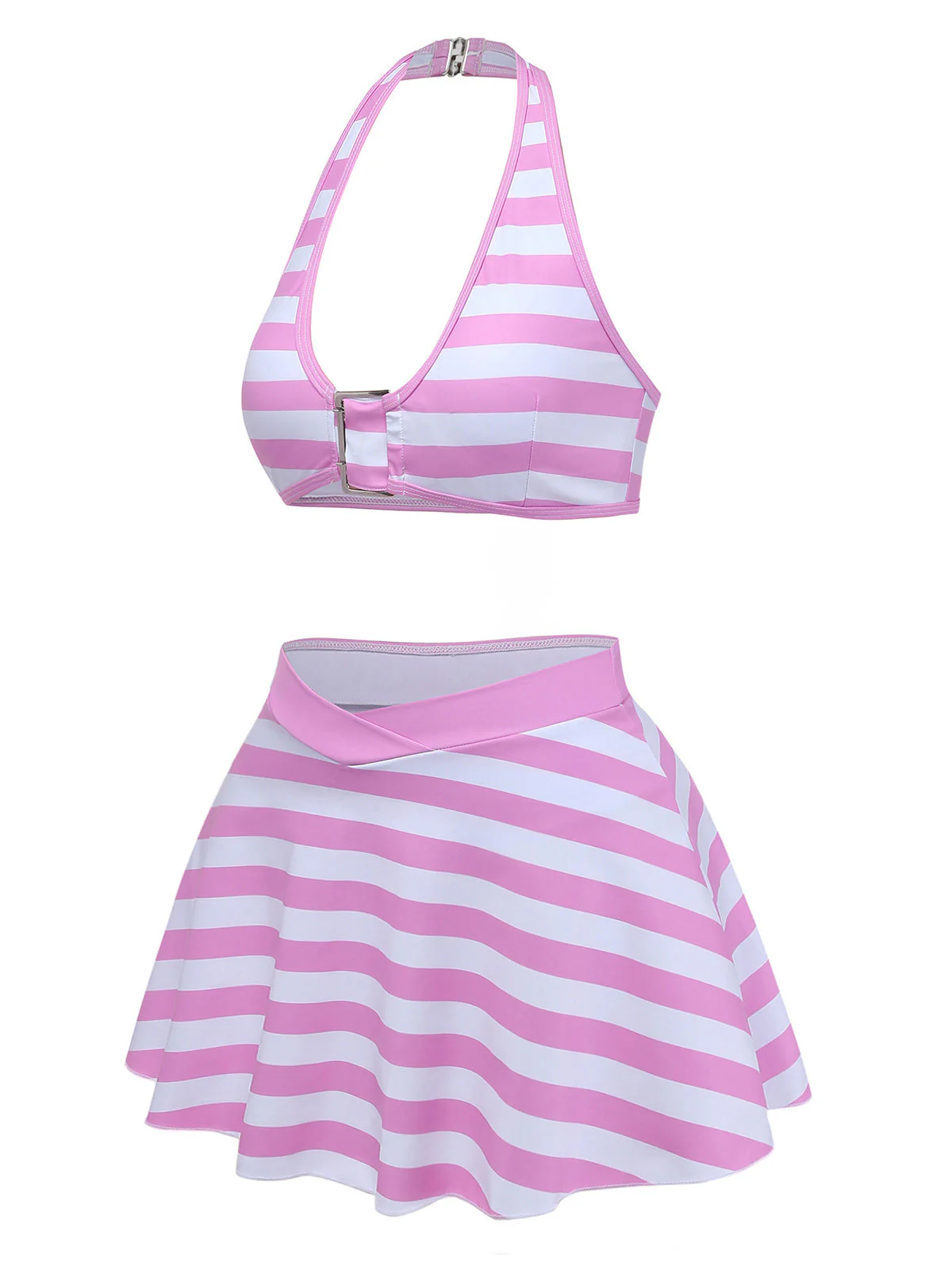 [Vorverkauf] Hellrosa 50er Gestreiftes Bikini-Set mit Neckholder und Rüschen - Image 3