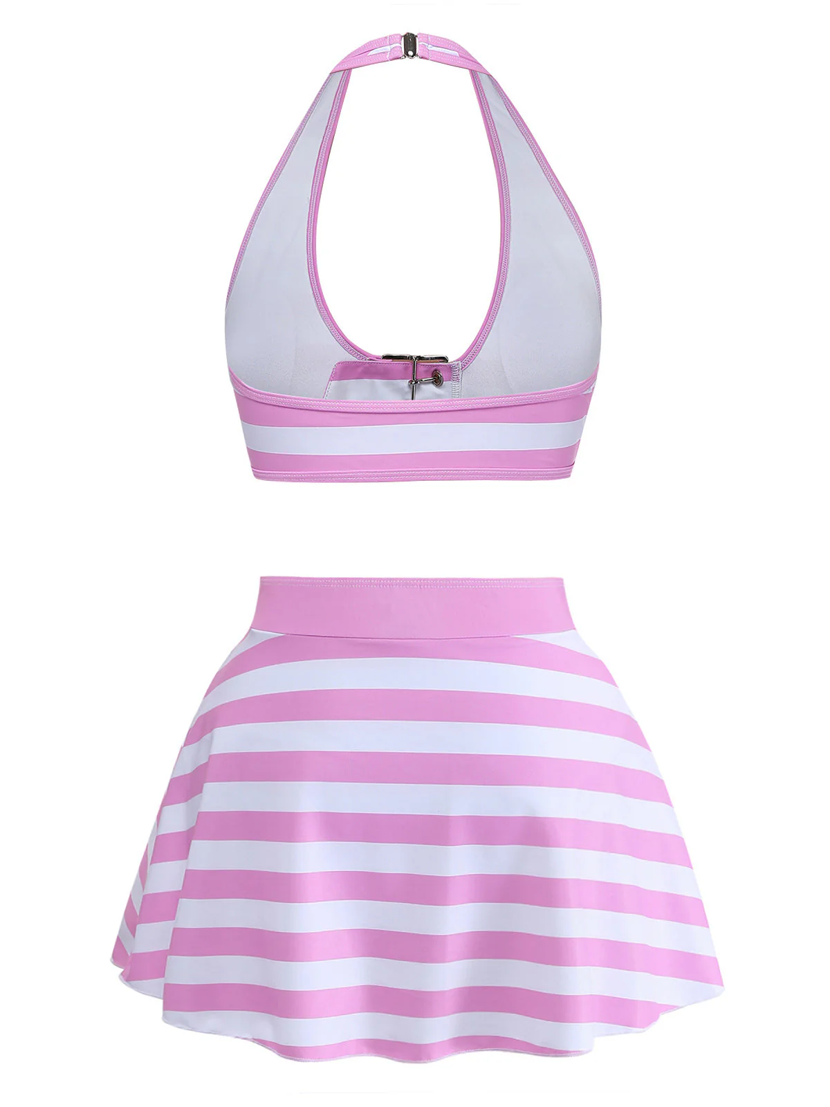 [Vorverkauf] Hellrosa 50er Gestreiftes Bikini-Set mit Neckholder und Rüschen - Image 4