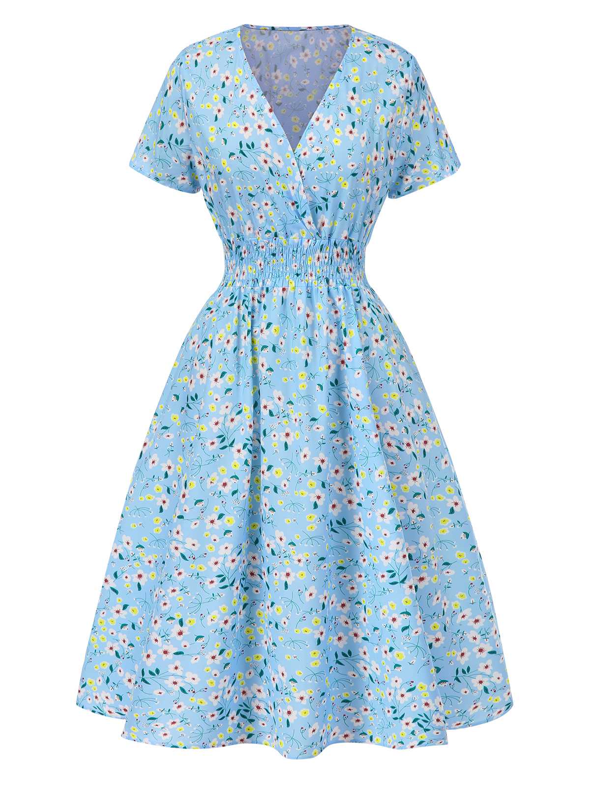 Himmelblau 1950er Blumen V-Ausschnitt Gesmokt Kleid - Image 2