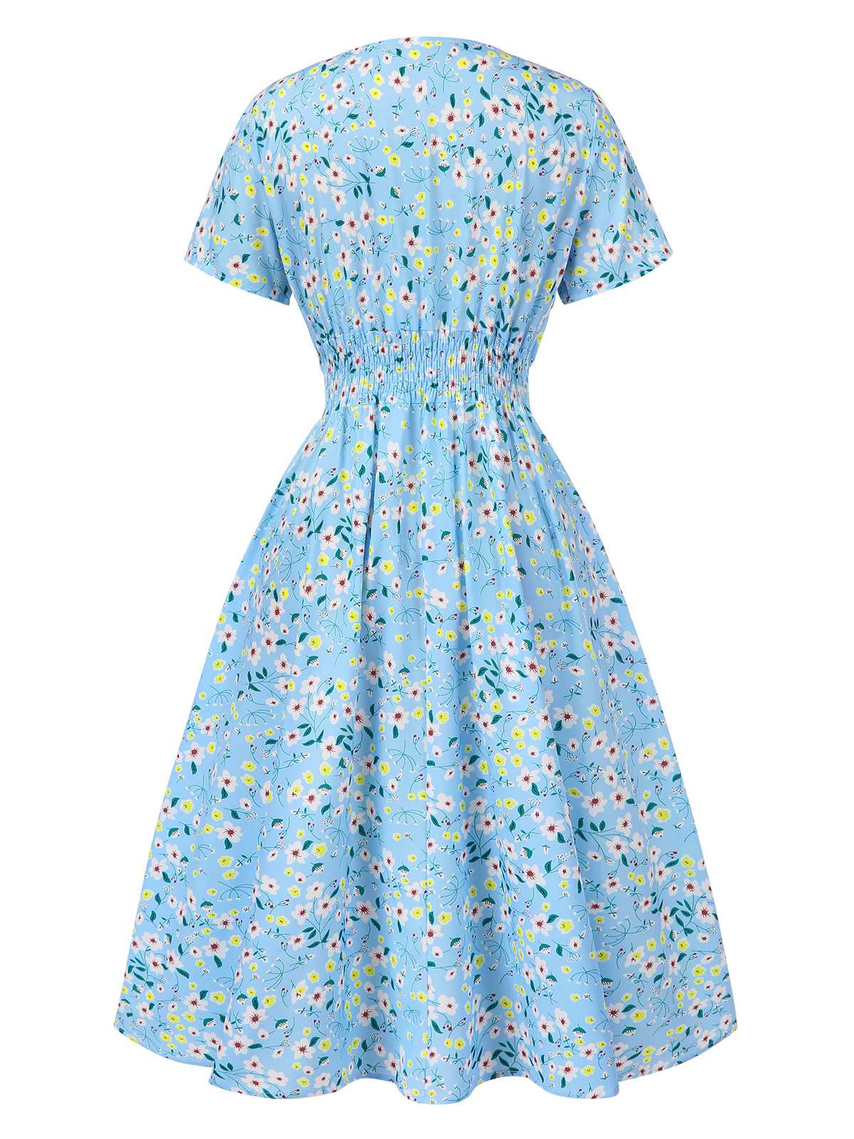 Himmelblau 1950er Blumen V-Ausschnitt Gesmokt Kleid - Image 3