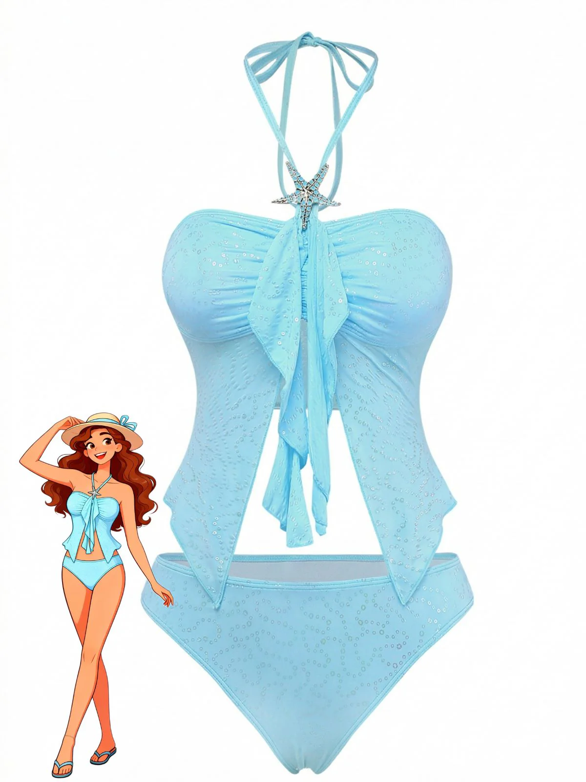 Himmelblau 1950er Halter Rüschen Schleife Glitzer Tankini Set