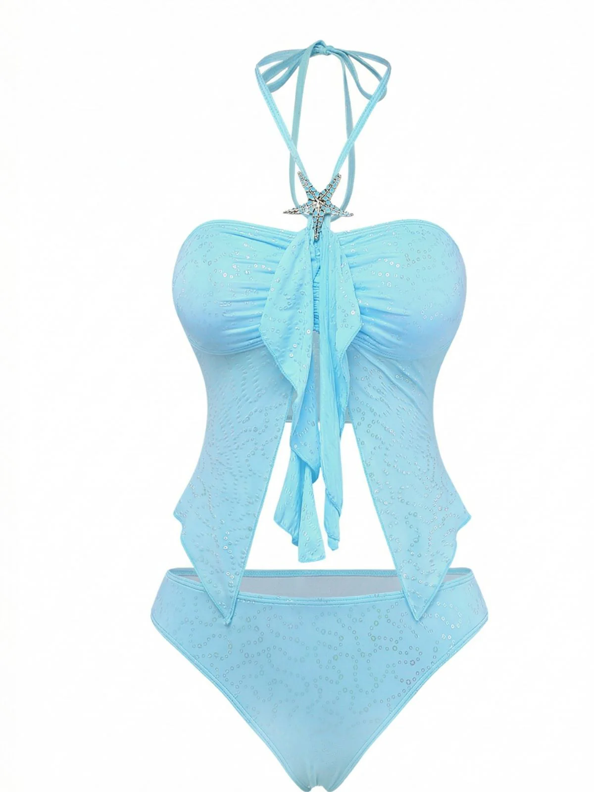 Himmelblau 1950er Halter Rüschen Schleife Glitzer Tankini Set - Image 2