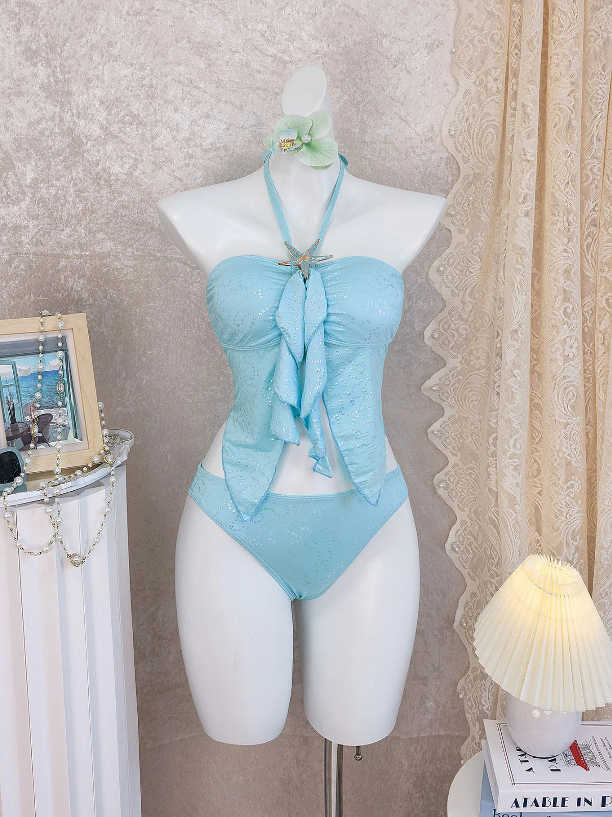 Himmelblau 1950er Halter Rüschen Schleife Glitzer Tankini Set - Image 7