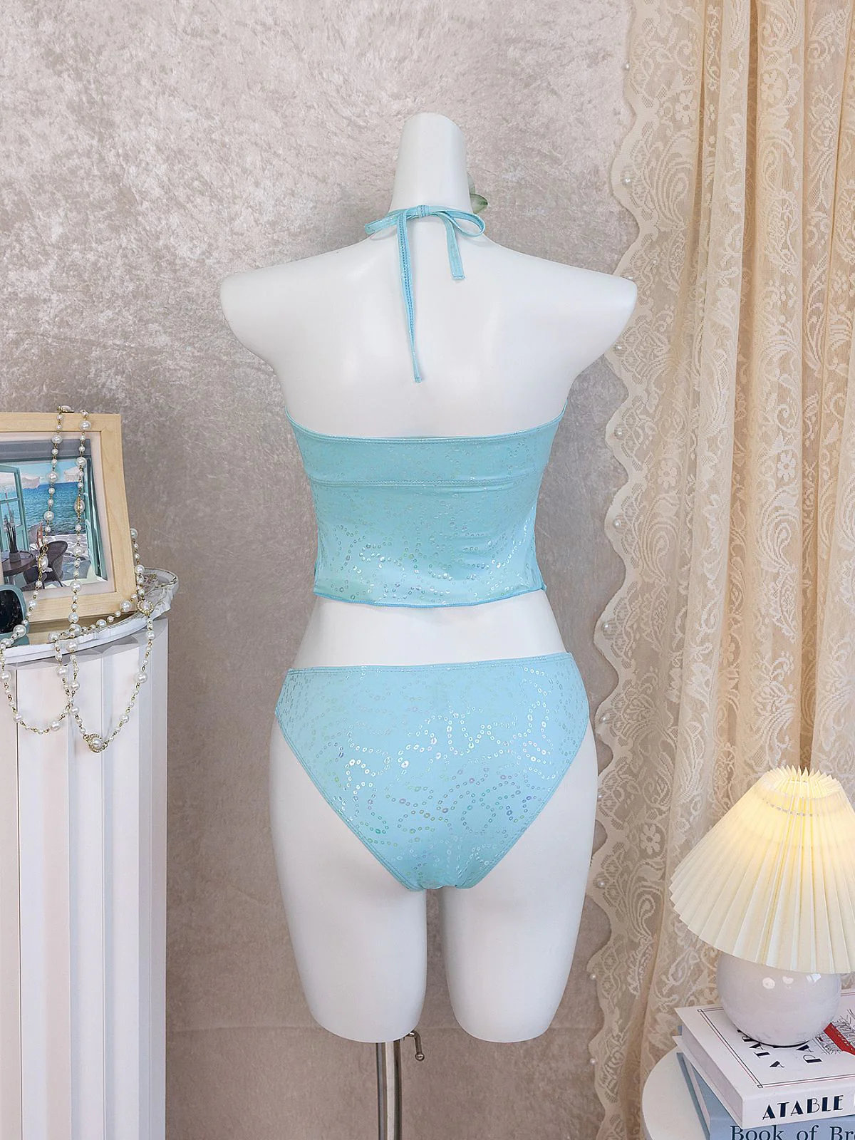 Himmelblau 1950er Halter Rüschen Schleife Glitzer Tankini Set - Image 8