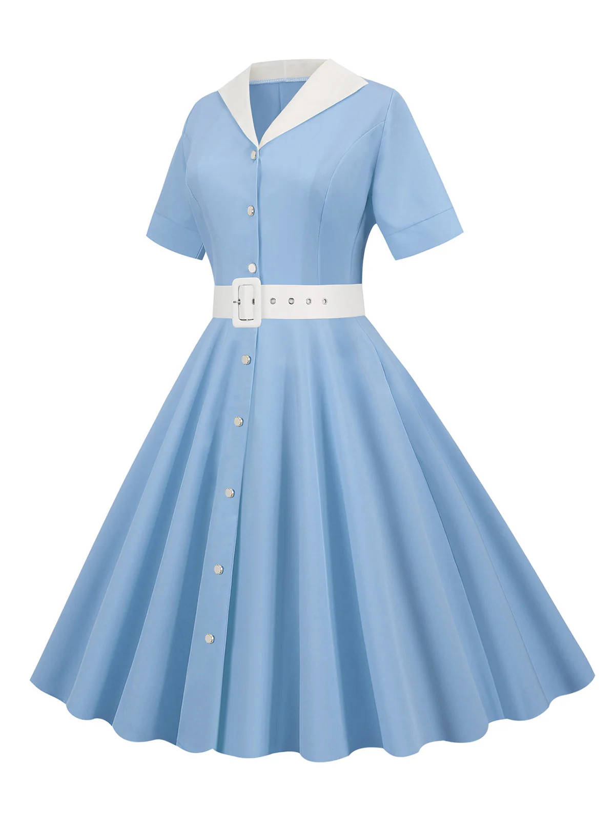 Himmelblau 1950er Solide Kontrastierendem Reversgürtel Kleid - Image 2