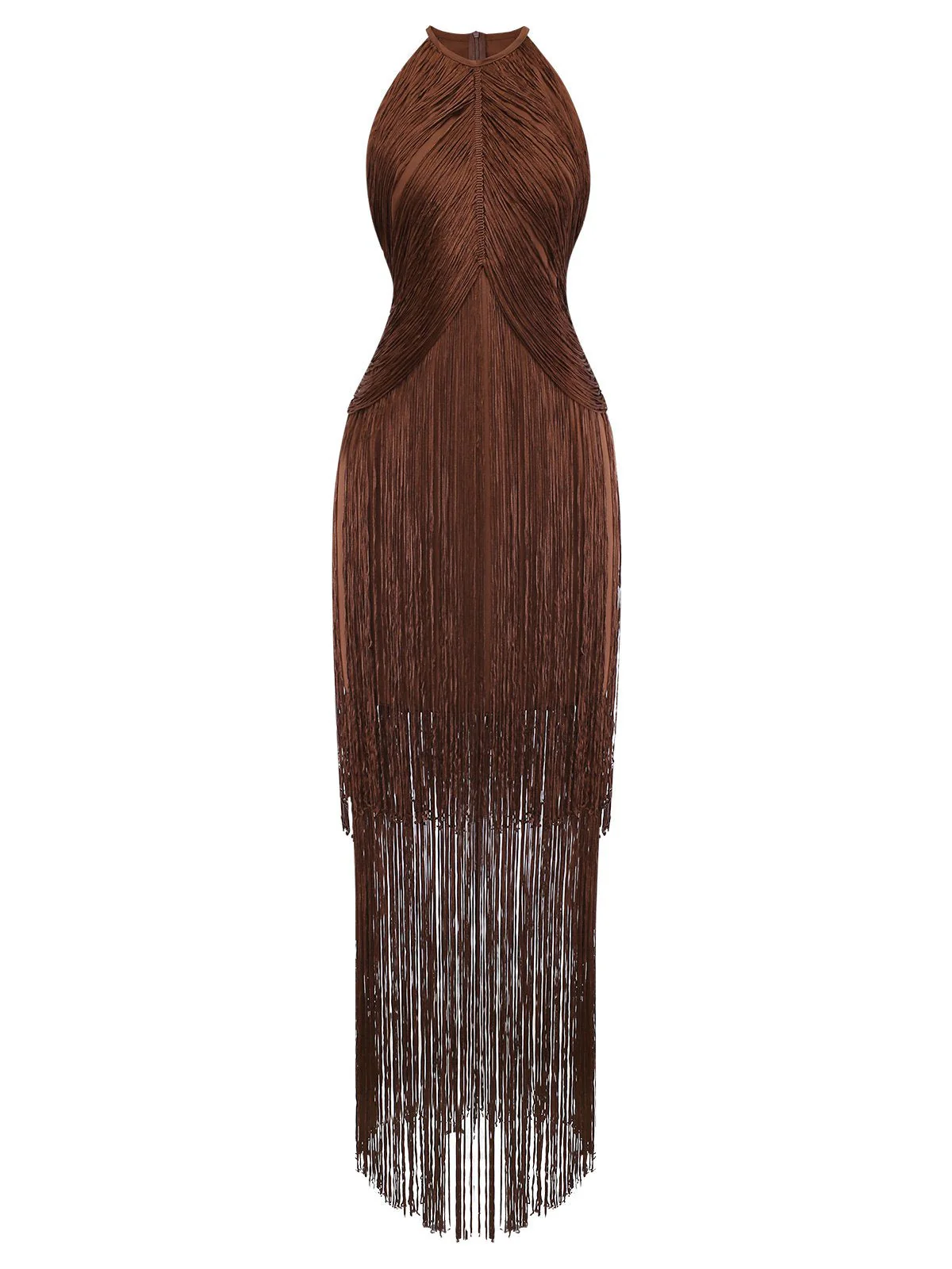 Kaffee 1920er Solide Fransen Halter Ärmellos Kleid - Image 3