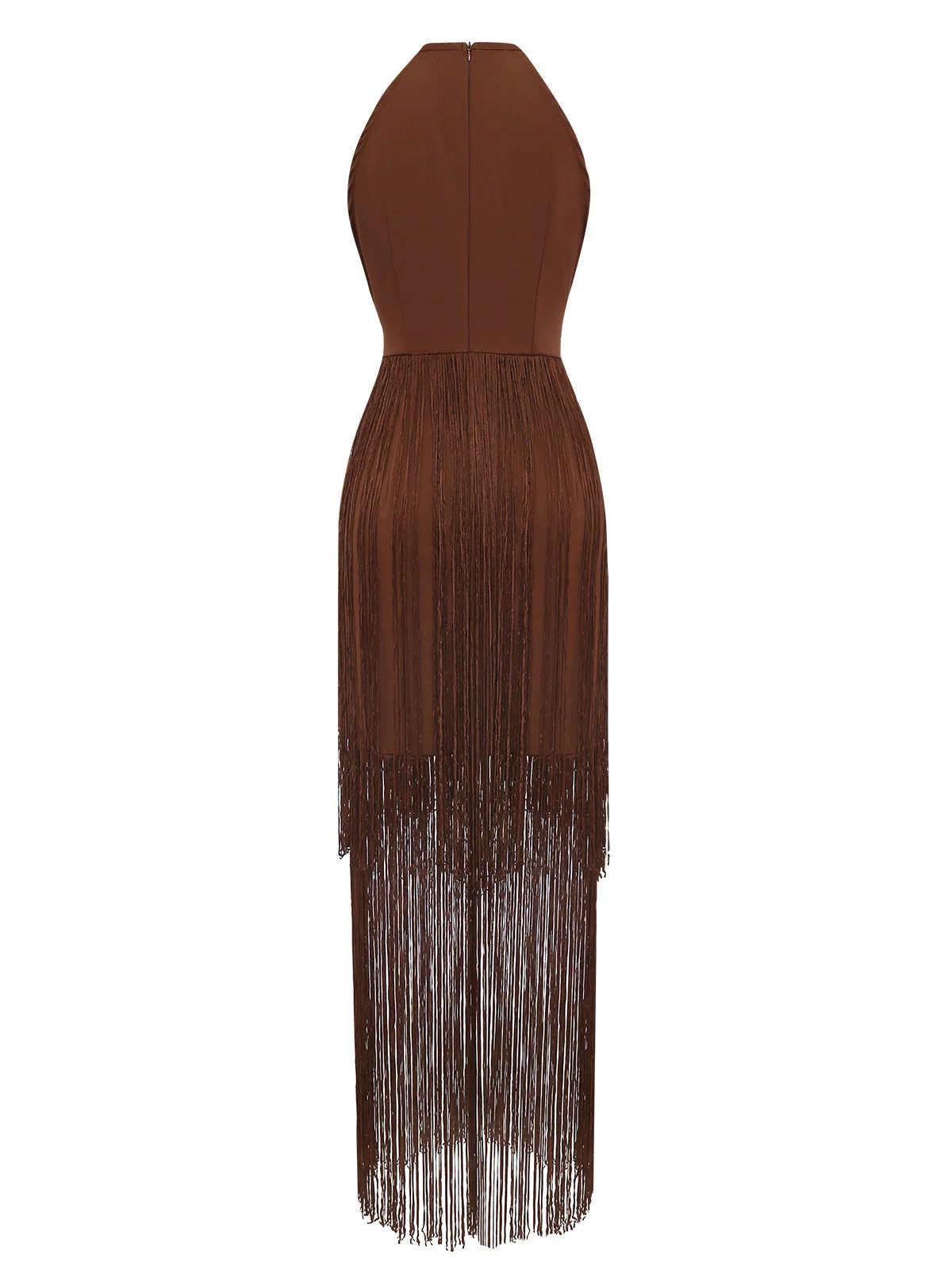 Kaffee 1920er Solide Fransen Halter Ärmellos Kleid - Image 4