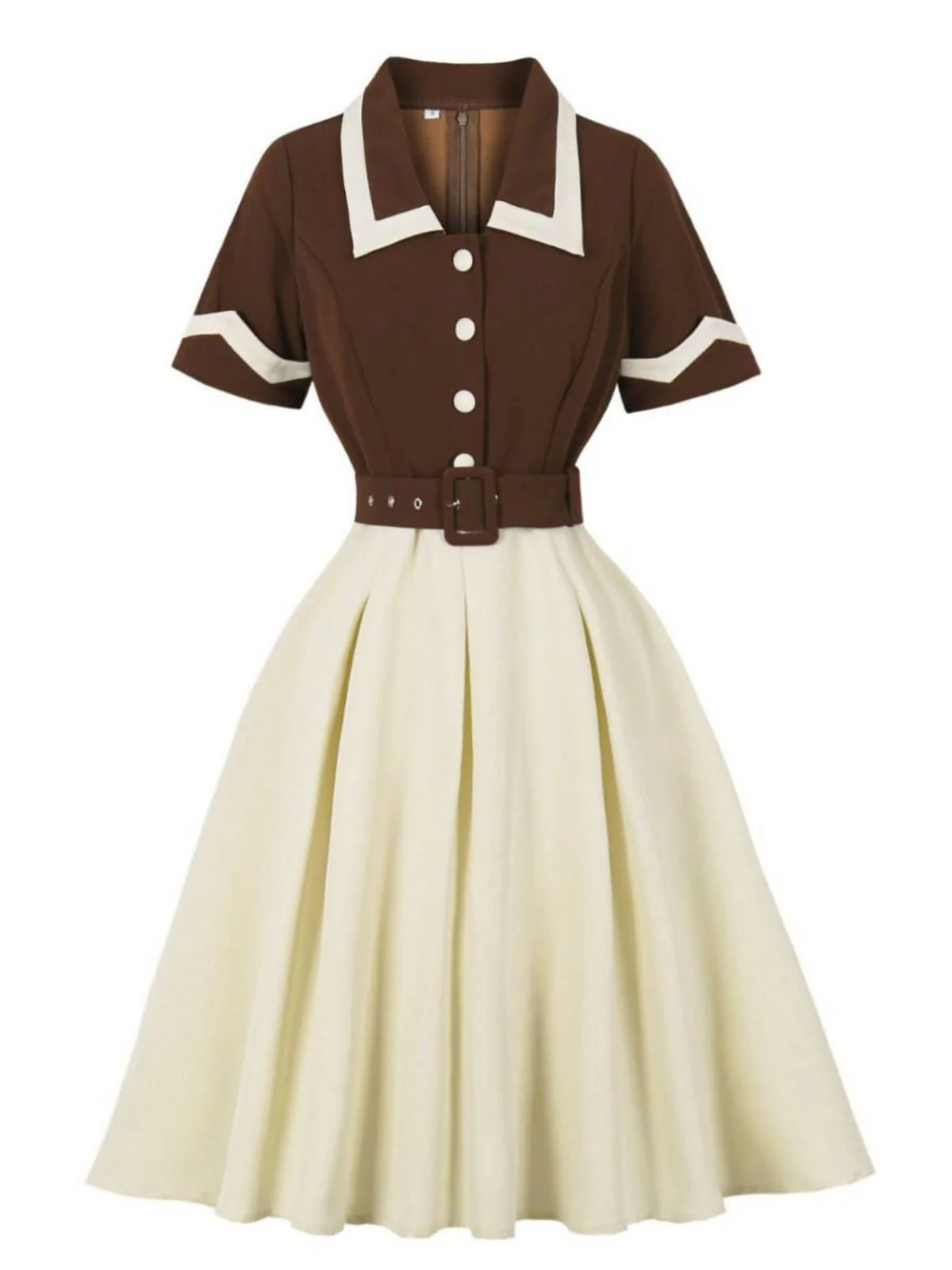 Kaffee & Beige 1950er Kontrast Revers Gürtel Kleid - Image 2