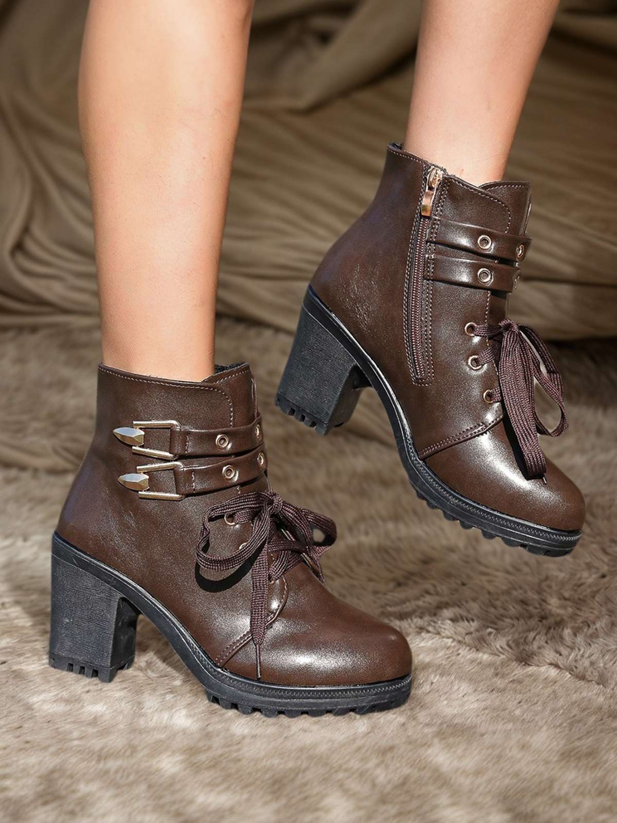 Kaffee Leder Schnürung Hohem Absatz Stiefeletten - Image 2