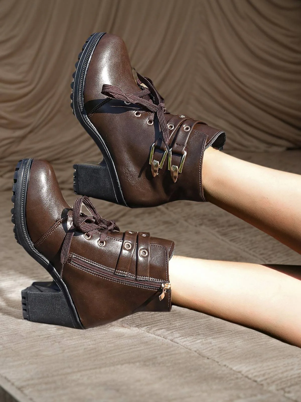 Kaffee Leder Schnürung Hohem Absatz Stiefeletten - Image 3