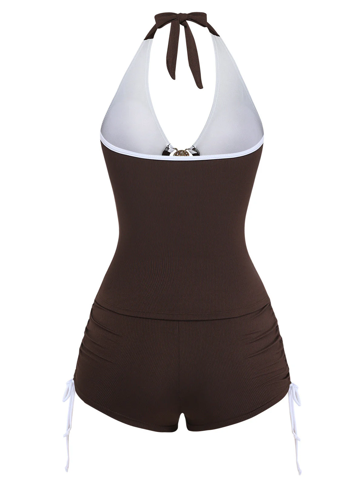 Kaffeebraun 1950er Halter Kordelzug Gerafft Tankini Set - Image 2