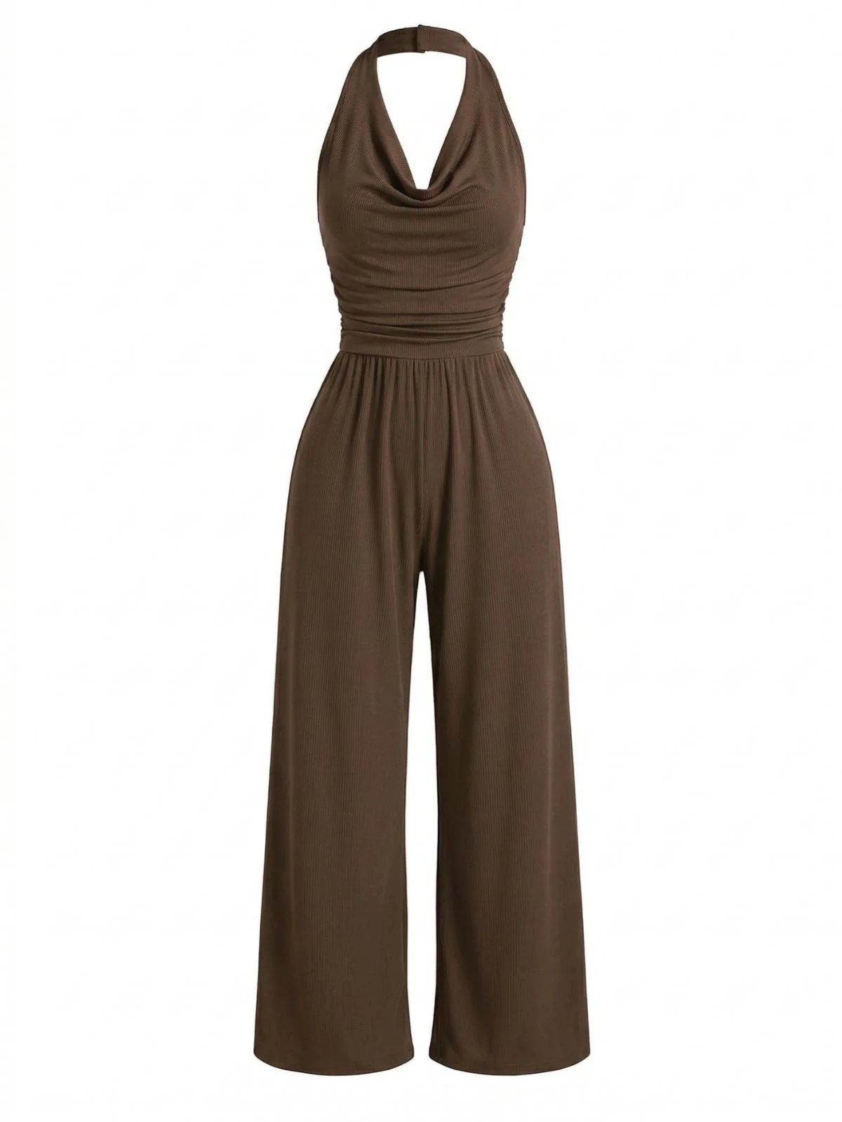 Kaffeebrauner 50er Gerippter Jumpsuit mit Faltenausschnitt und Neckholder - Image 2