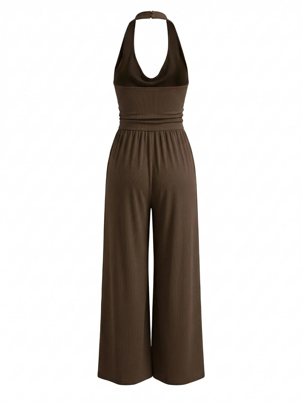 Kaffeebrauner 50er Gerippter Jumpsuit mit Faltenausschnitt und Neckholder - Image 3