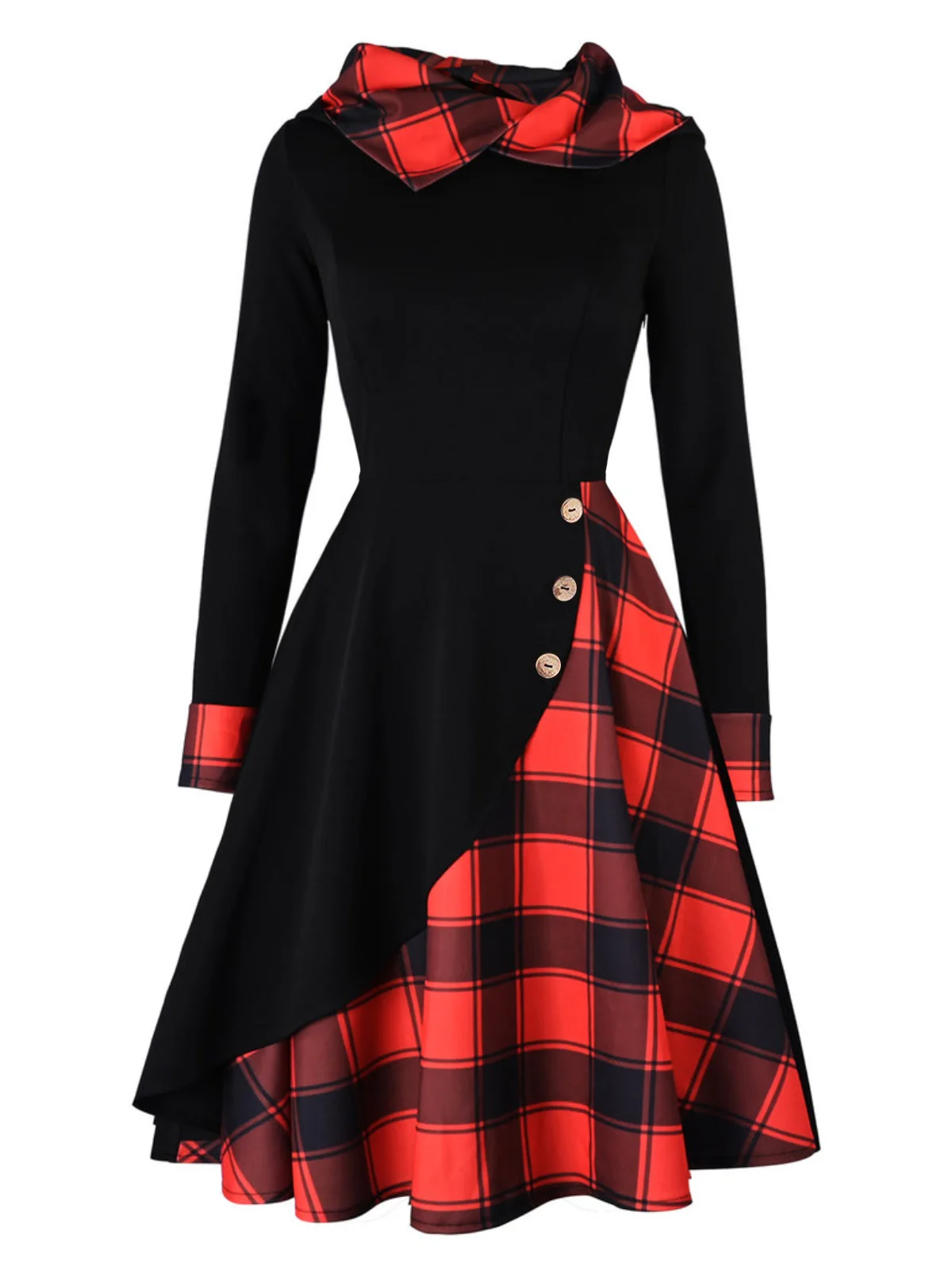 Schwarz & Orange 1950er Weihnachten Plaids Kapuzenkleid - Image 7