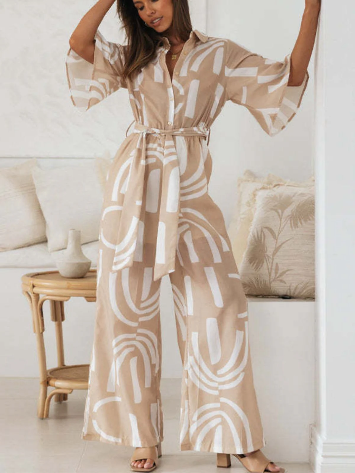 Khaki 1930er Geometrisch Gedruckt Halbe Ärmel Revers Jumpsuit - Image 3