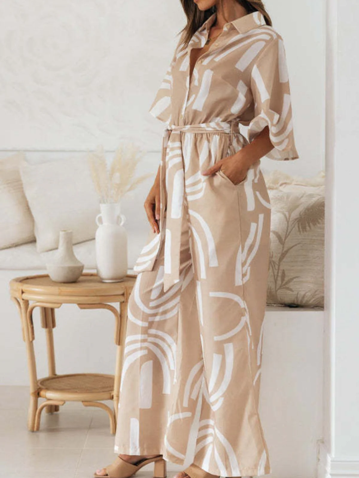 Khaki 1930er Geometrisch Gedruckt Halbe Ärmel Revers Jumpsuit - Image 5