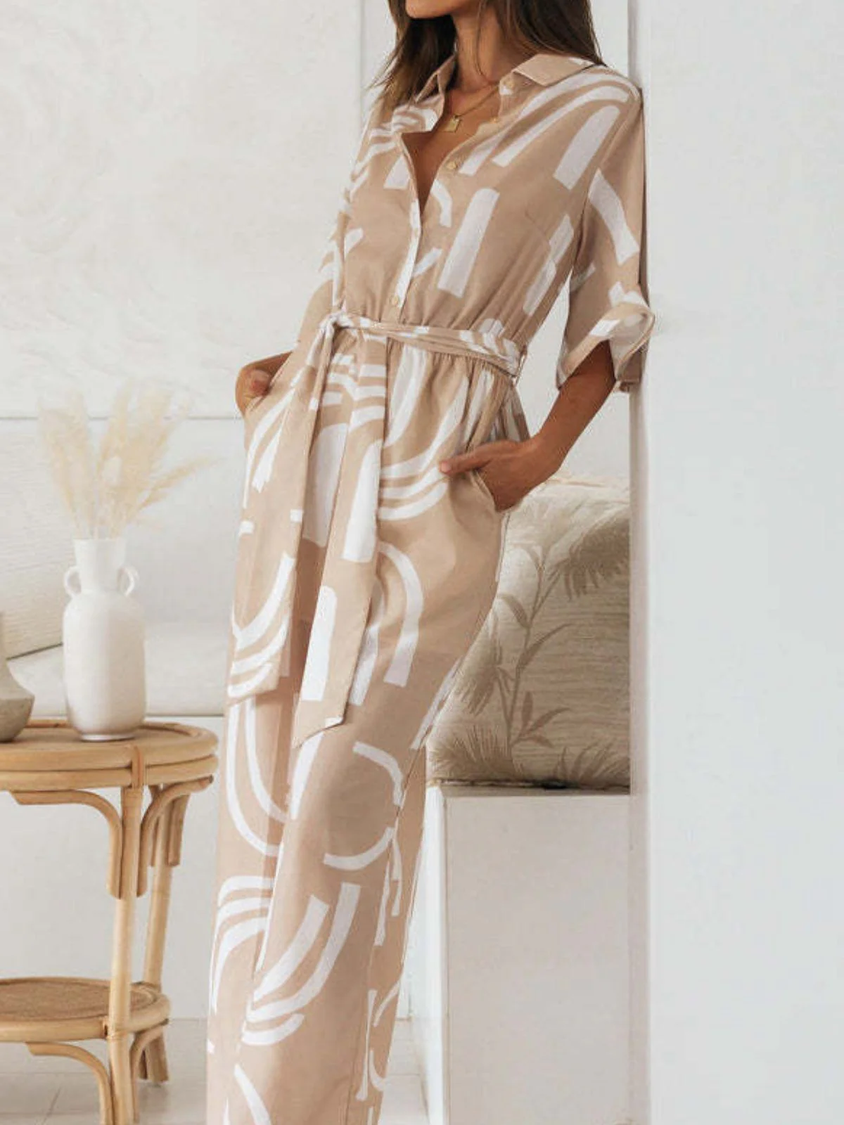 Khaki 1930er Geometrisch Gedruckt Halbe Ärmel Revers Jumpsuit - Image 9