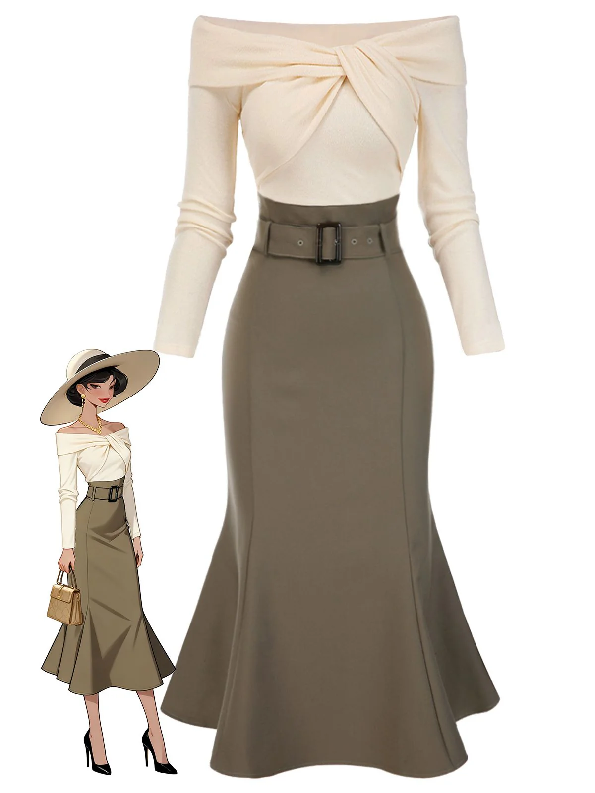 Schwarz 1930er Schulterfrei Stricken Gürtel Meerjungfrauenkleid - Image 3