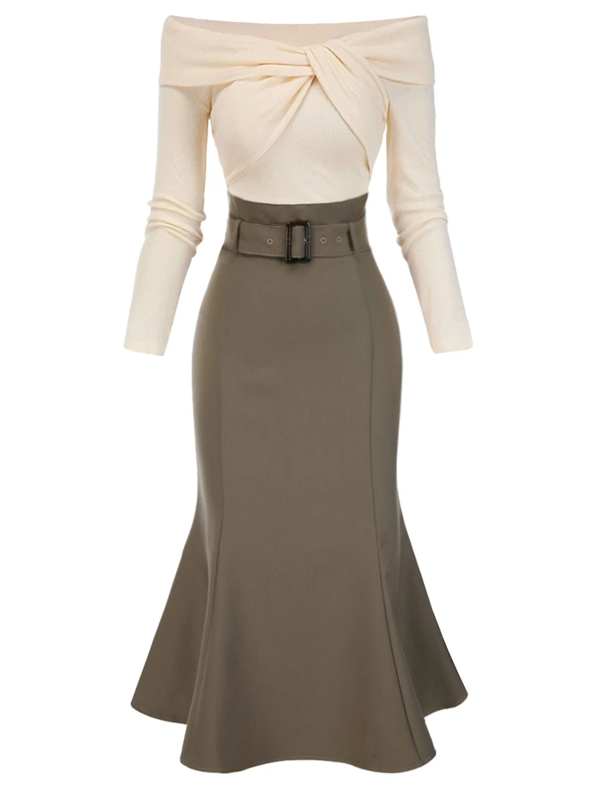 Schwarz 1930er Schulterfrei Stricken Gürtel Meerjungfrauenkleid - Image 4