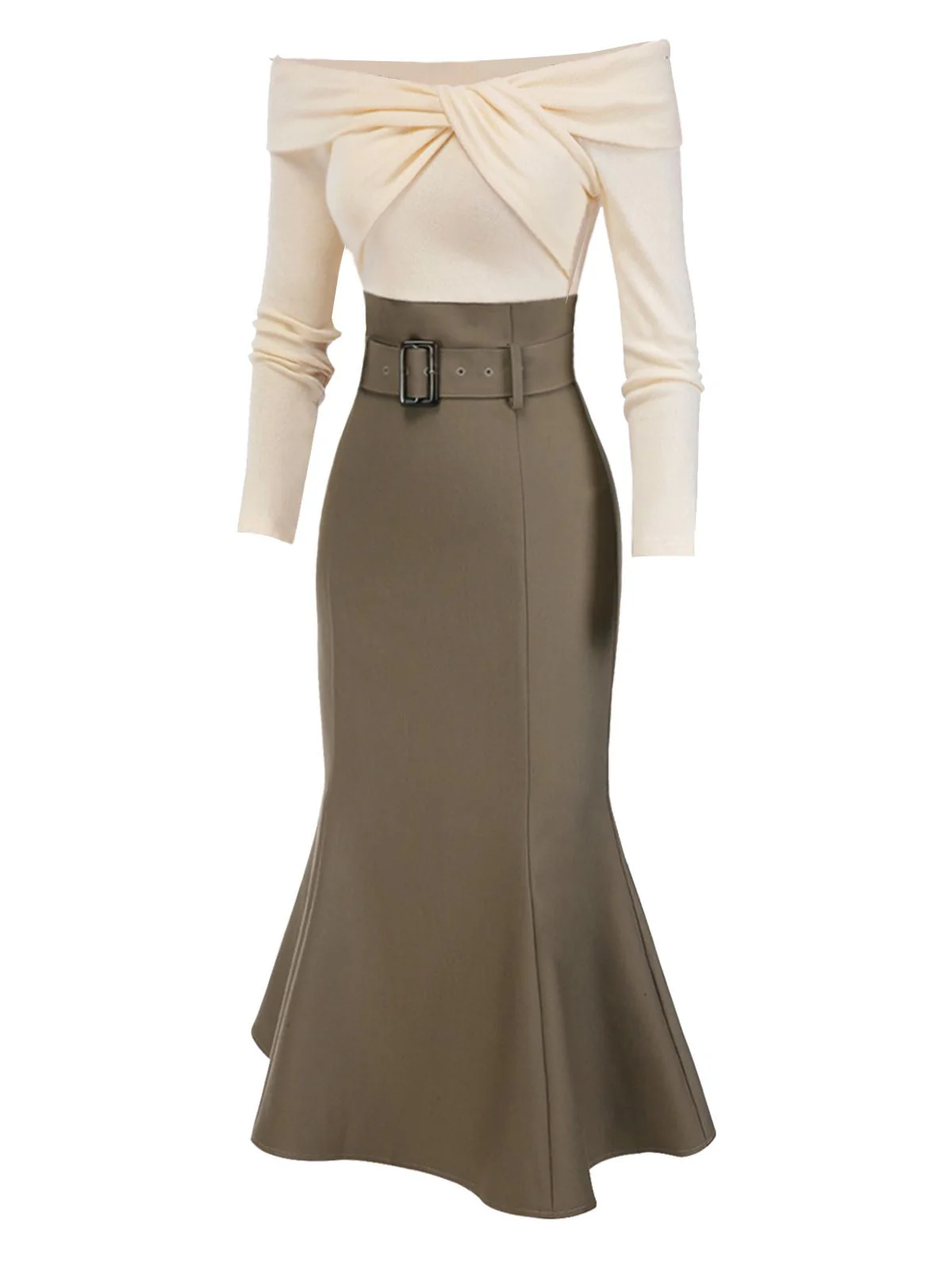 Schwarz 1930er Schulterfrei Stricken Gürtel Meerjungfrauenkleid - Image 5
