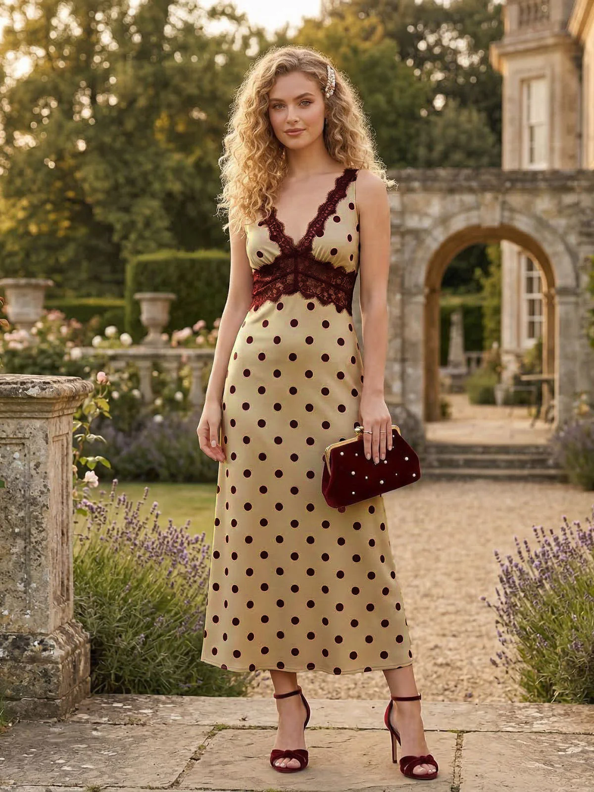 Khaki 1930er V-Ausschnitt Polka Dot Spitzenbesatz Ärmelloses Kleid - Image 2