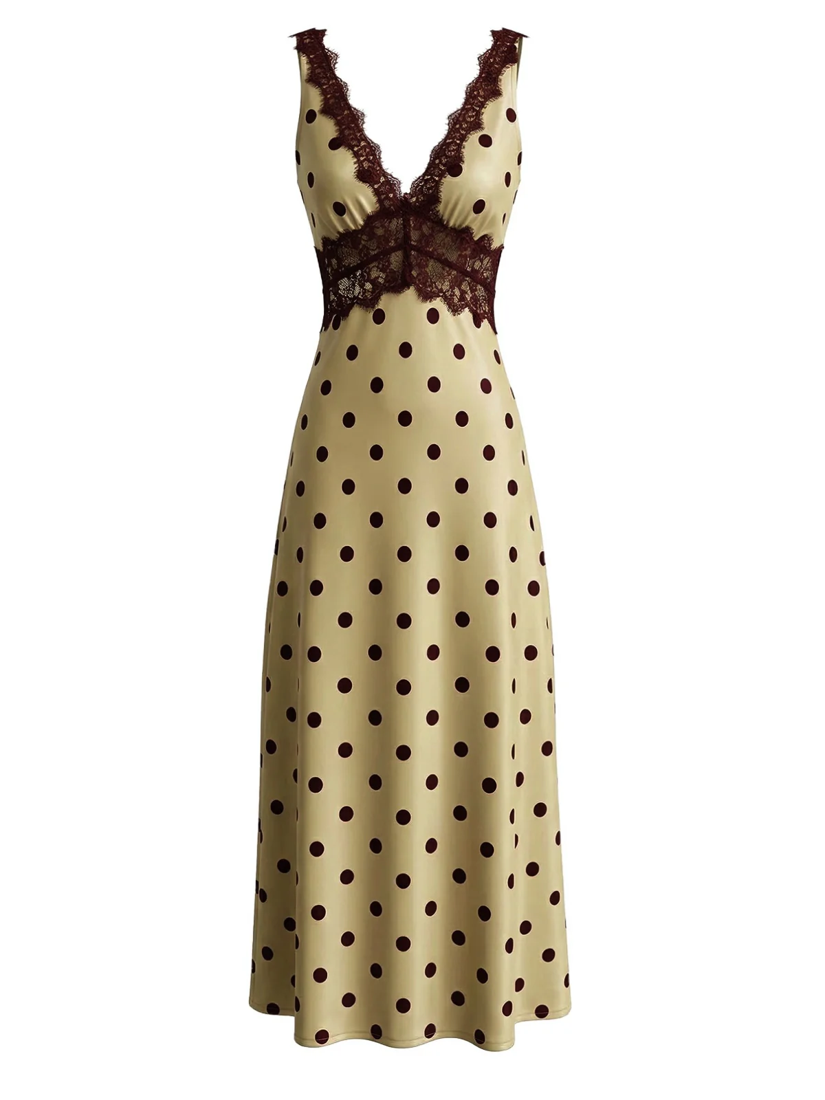 Khaki 1930er V-Ausschnitt Polka Dot Spitzenbesatz Ärmelloses Kleid - Image 3