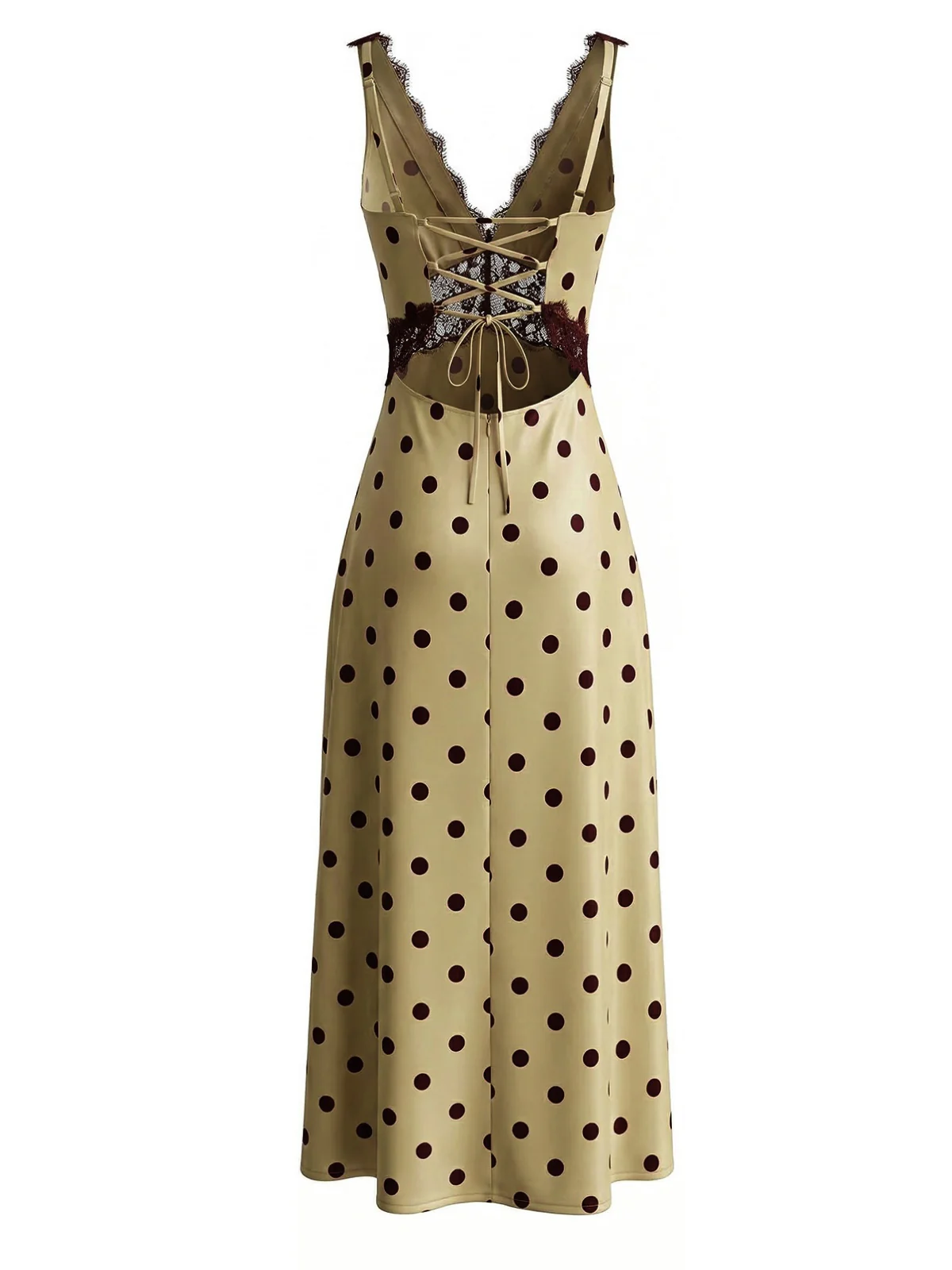 Khaki 1930er V-Ausschnitt Polka Dot Spitzenbesatz Ärmelloses Kleid - Image 4