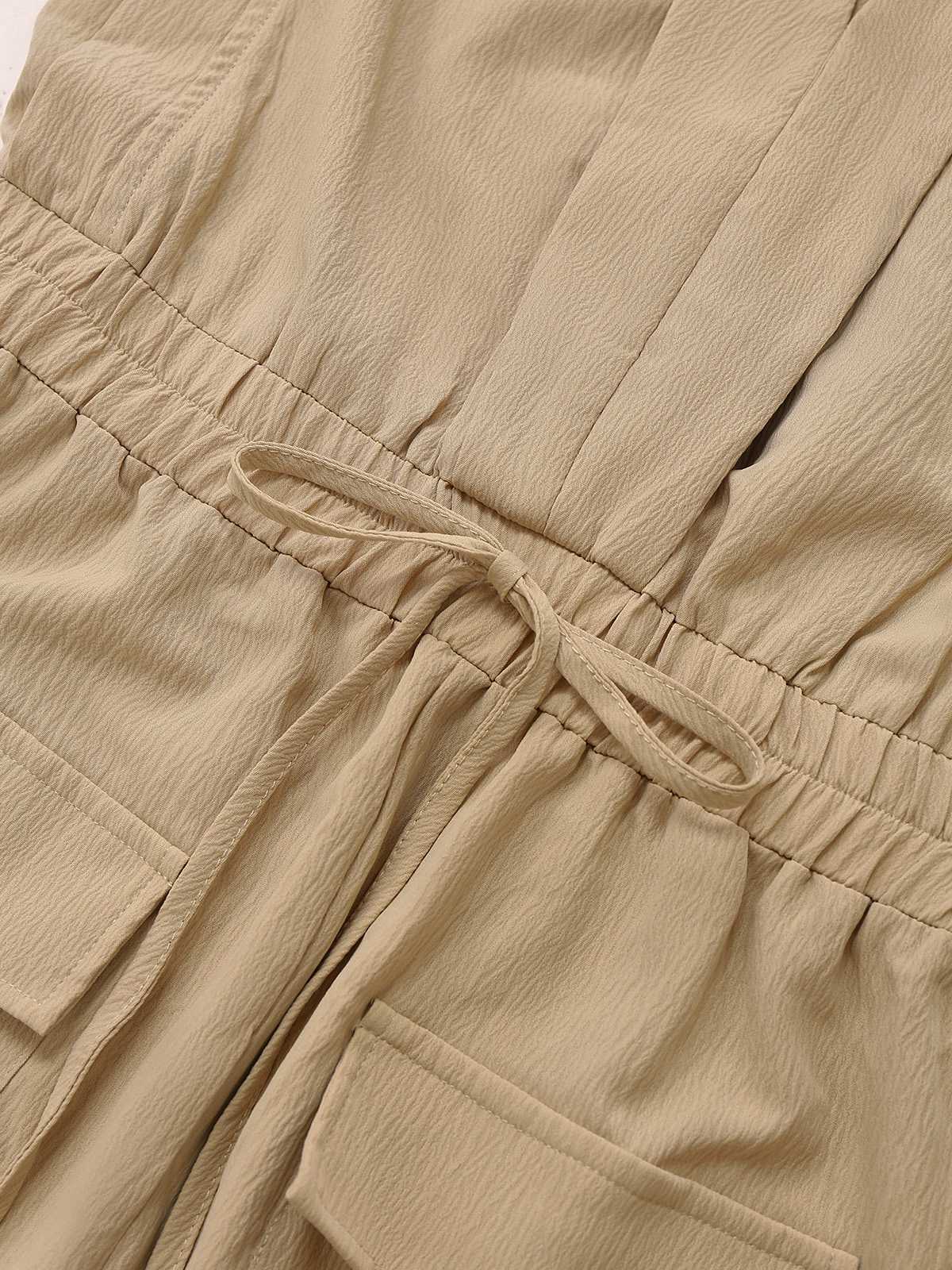 Khaki 1930er V-Ausschnitt Tasche Solide Romper - Image 4