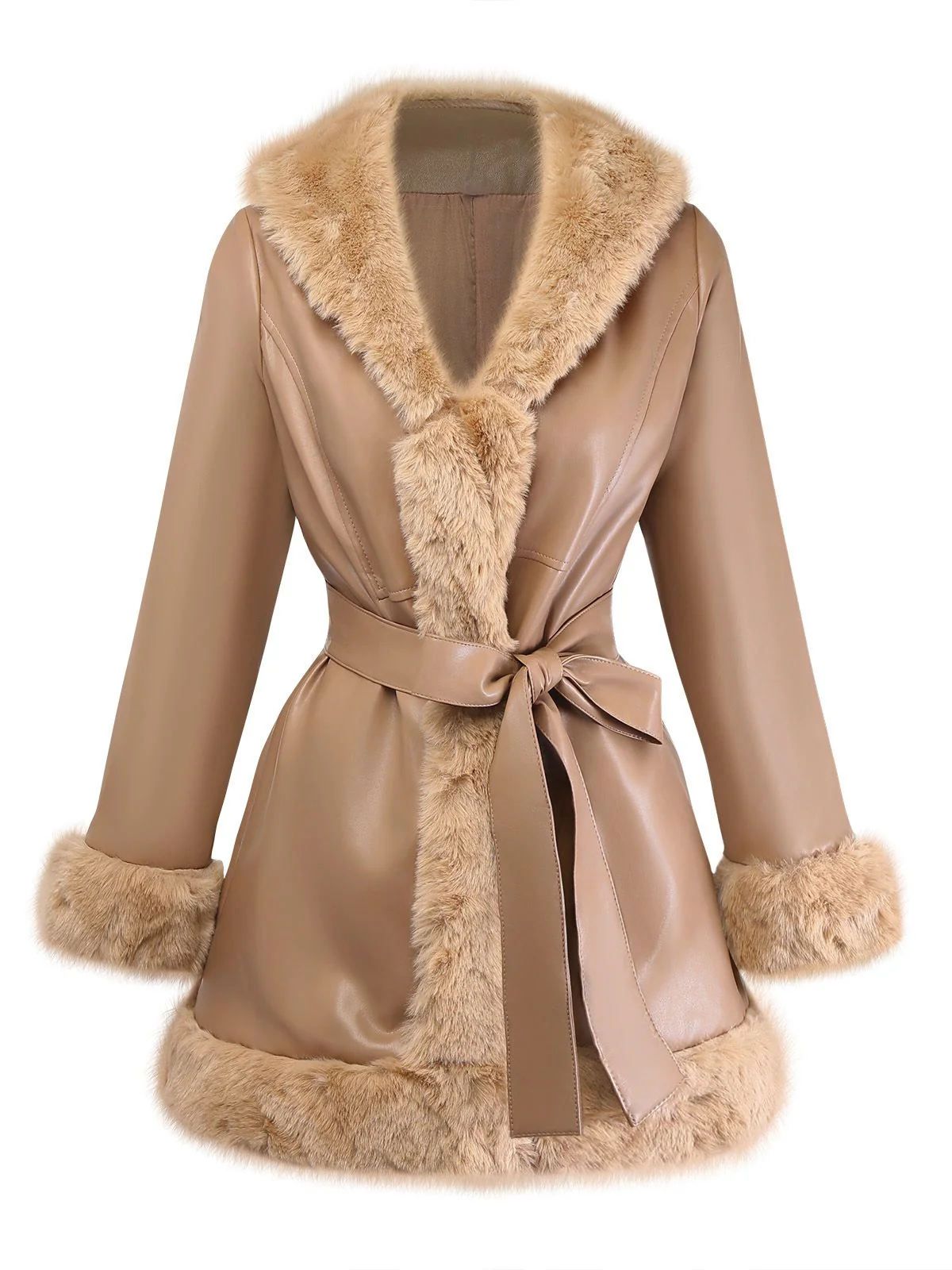 Khaki 1940er PU Leder Kunst Pelz Kragen Gürtel Mantel - Image 2