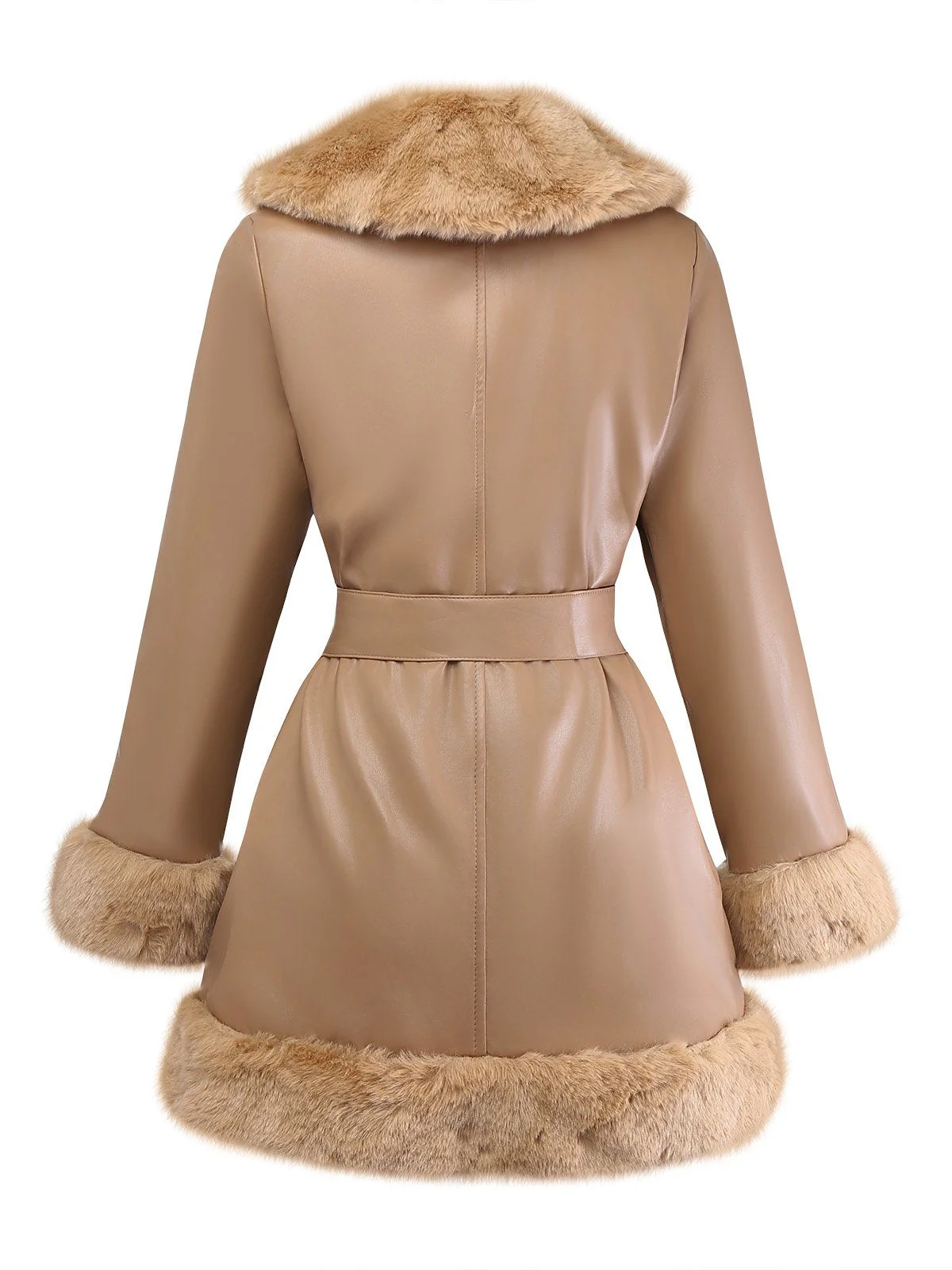Khaki 1940er PU Leder Kunst Pelz Kragen Gürtel Mantel - Image 3