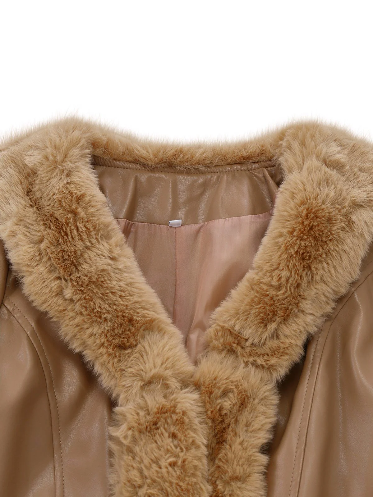 Khaki 1940er PU Leder Kunst Pelz Kragen Gürtel Mantel - Image 4