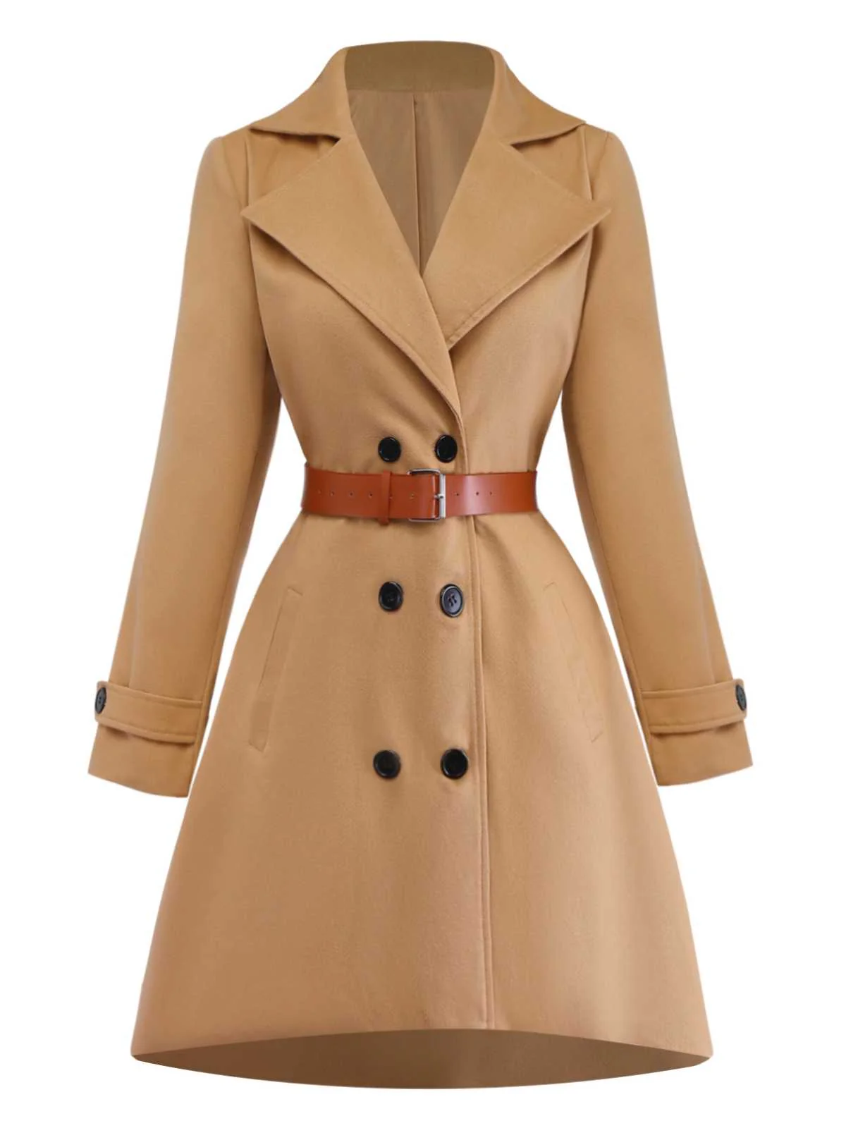 Khaki 1940er Revers Zweireihig Gürtel Mantel - Image 2