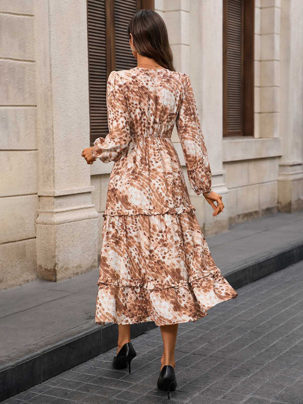 Khaki 1940er V-Ausschnitt Aquarell Dünenstil Kleid - Image 3