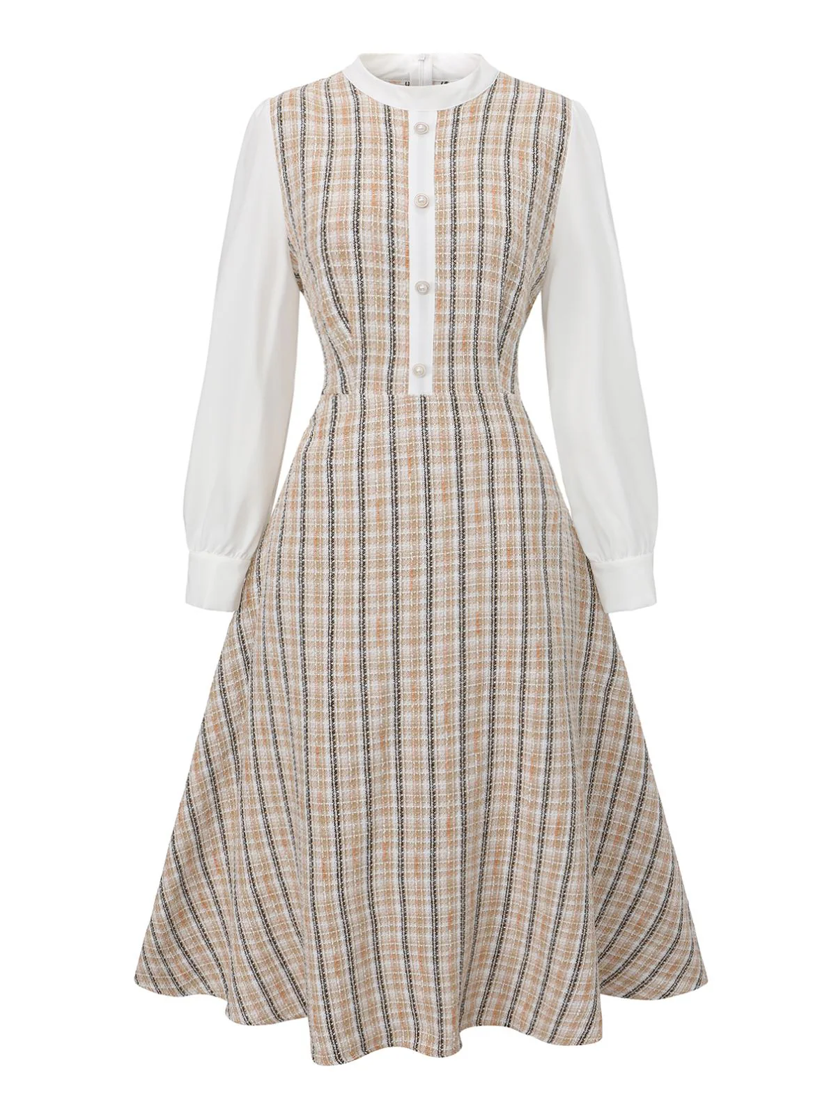 Khaki 1940er Vintage Patchwork Langärmel Kleid - Image 2