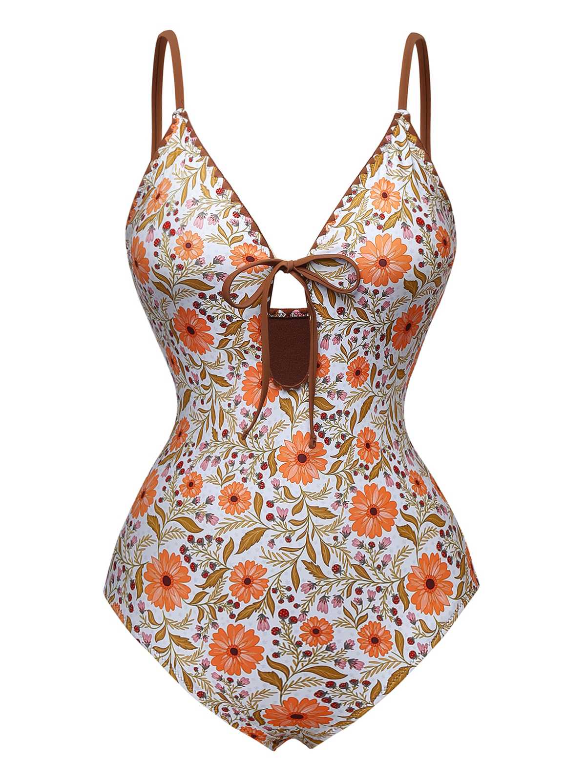 Khaki 1950er Blumen Schlüsselloch Badeanzug