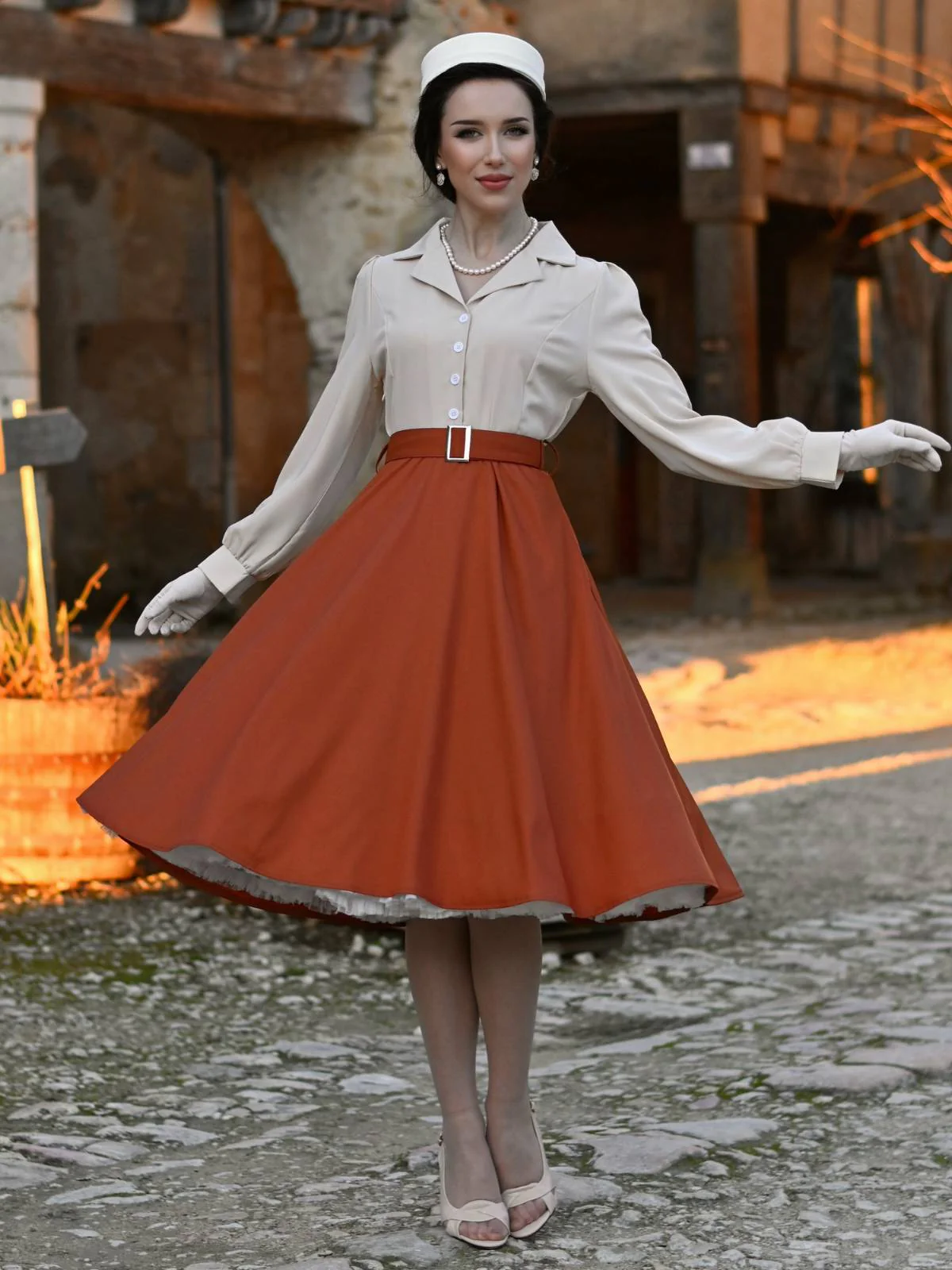 Khaki 1950er Farbblock Langarm Taste Kleid - Image 3