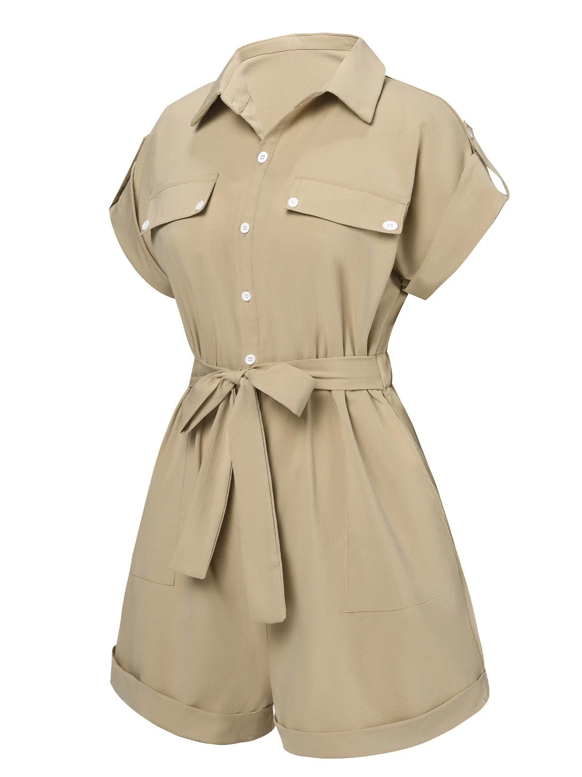Khaki 1950er Gerollte Manschetten Revers Romper - Image 2