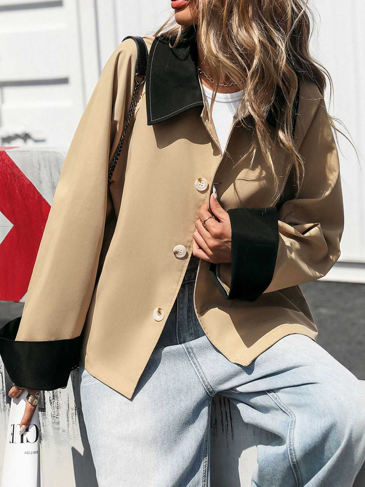 Khaki 1950er Kontrast Gerollt Manschette Revers Jacke - Image 2