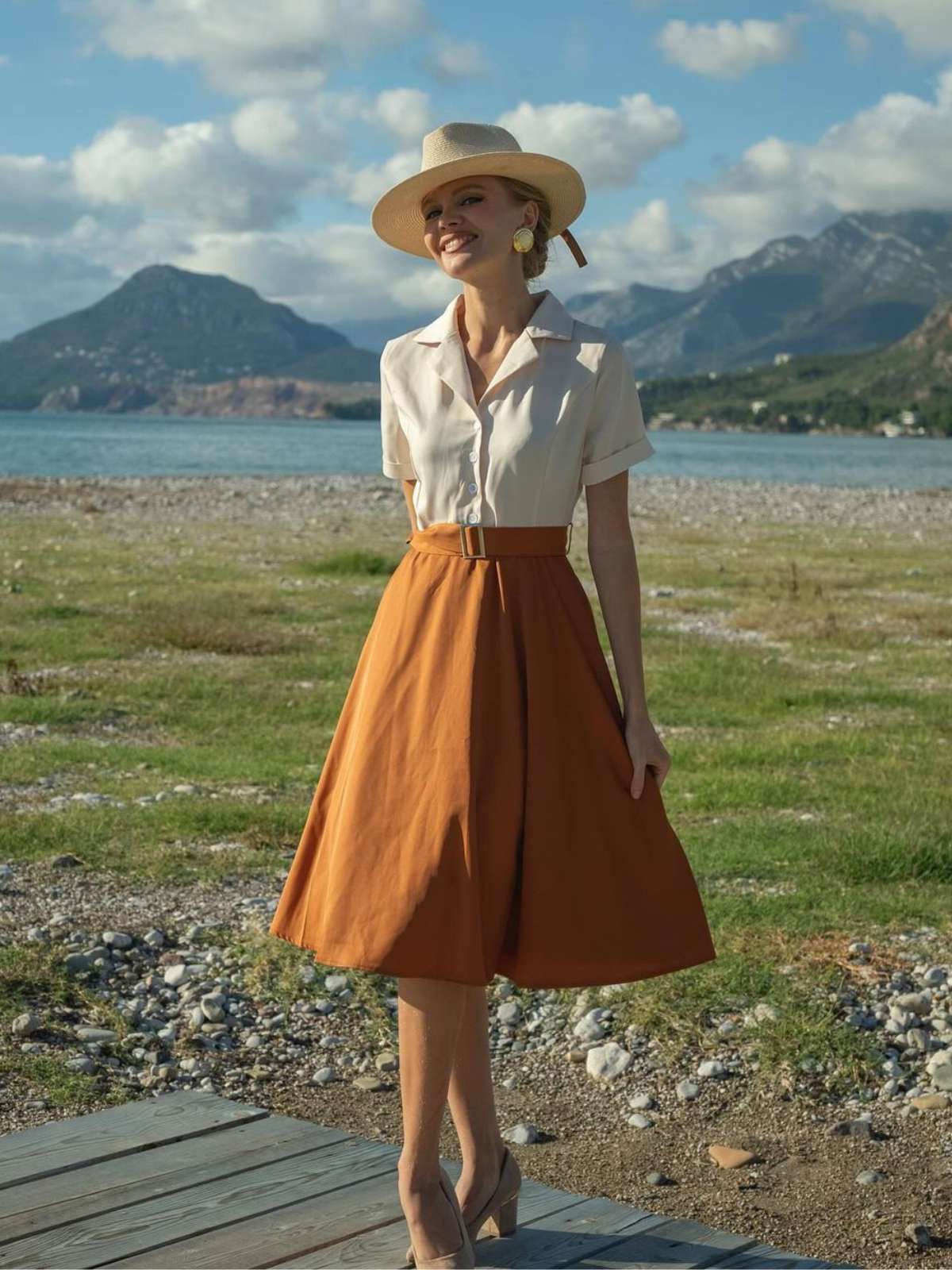 Khaki 1950er Patchwork V-Ausschnitt Kurzarm Swing Kleid - Image 2