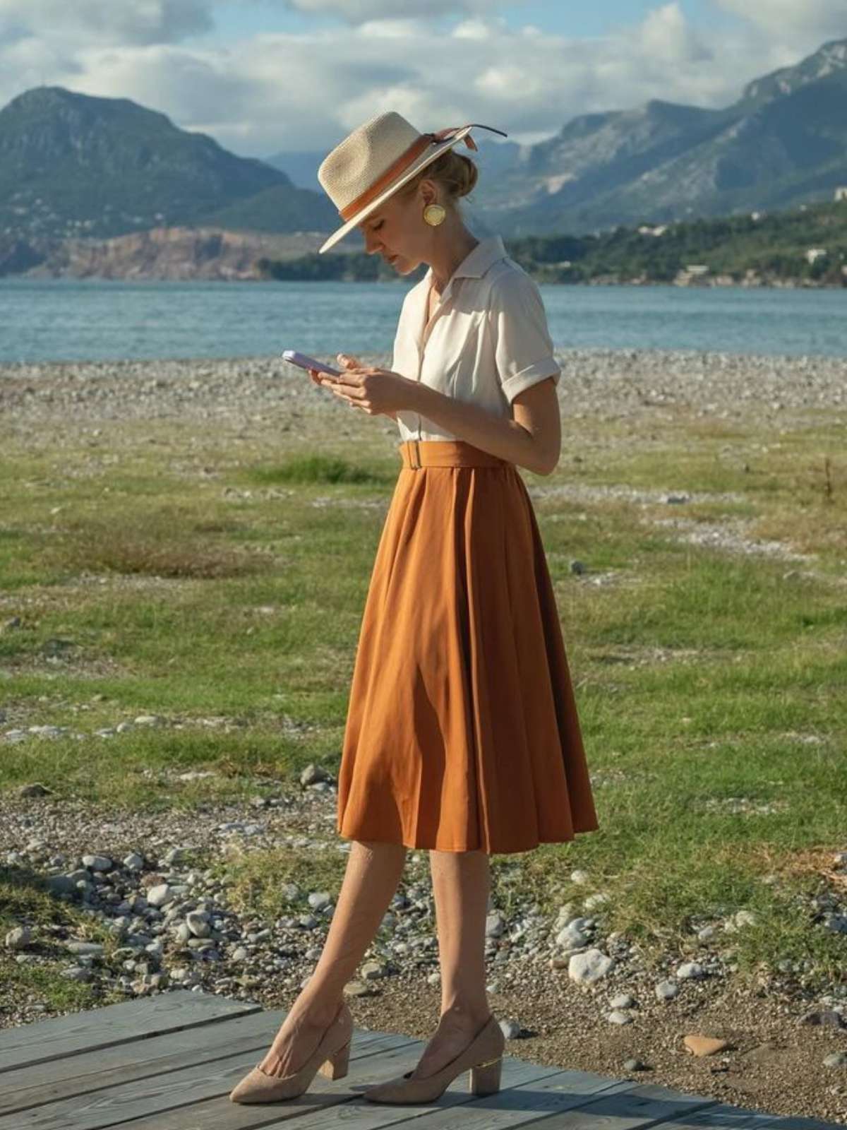 Khaki 1950er Patchwork V-Ausschnitt Kurzarm Swing Kleid - Image 4
