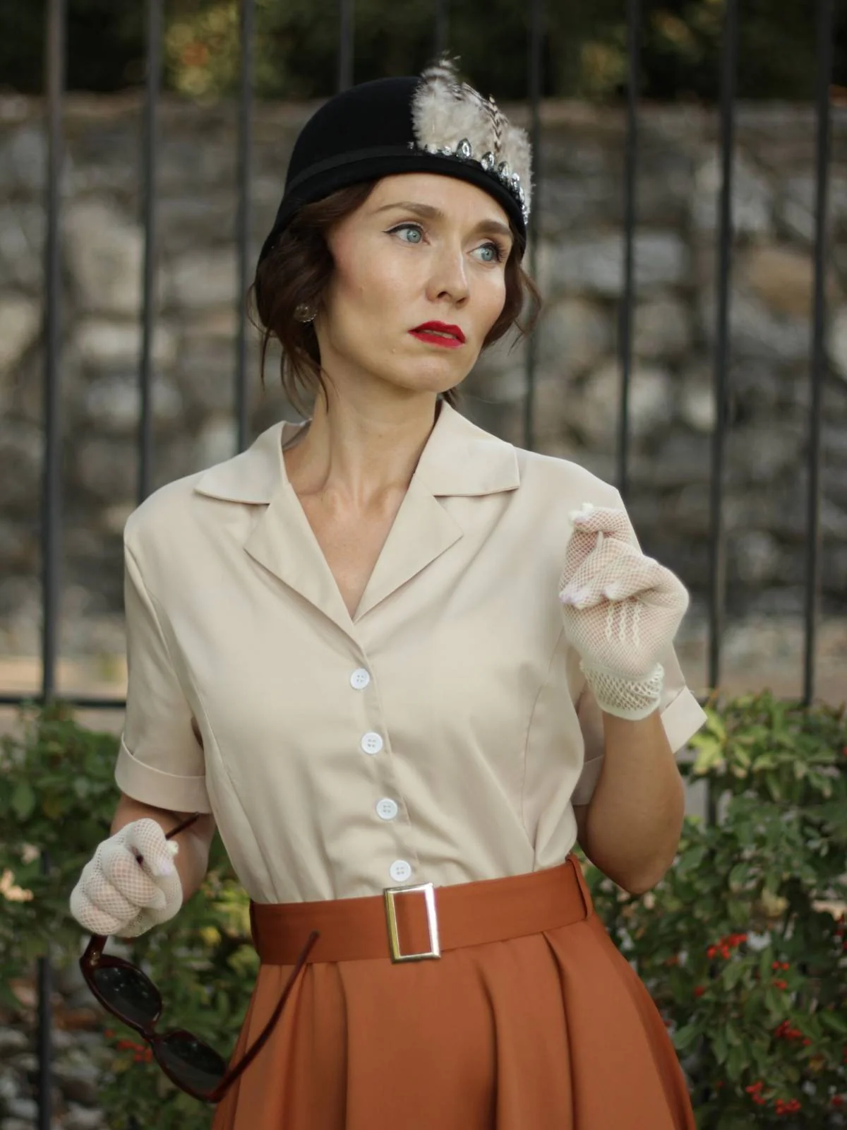 Khaki 1950er Patchwork V-Ausschnitt Kurzarm Swing Kleid - Image 2