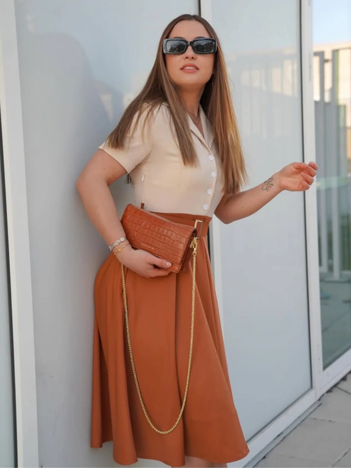 Khaki 1950er Patchwork V-Ausschnitt Kurzarm Swing Kleid - Image 2
