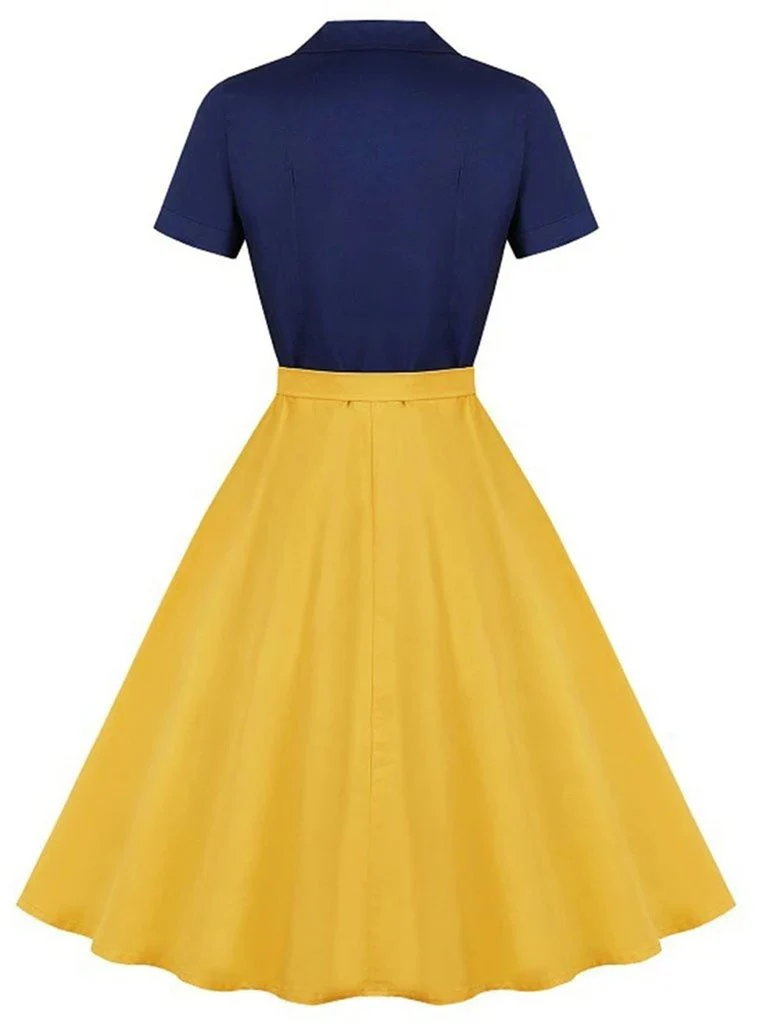 Blau & Gelb 1950ER Patchwork V-Ausschnitt Kurzarm Swing Kleid - Image 4